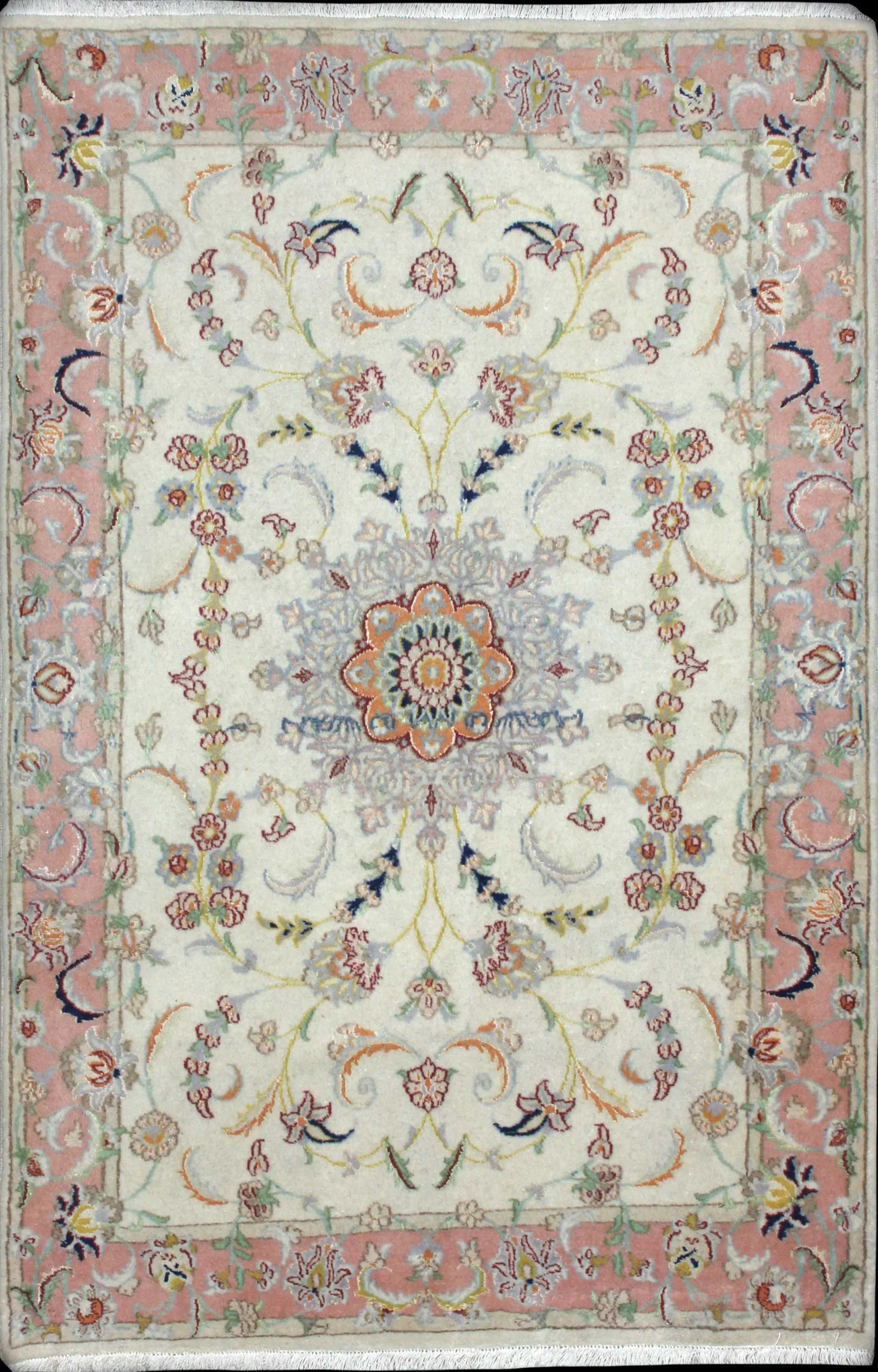 Handmade Persian rug of Tabriz style in dimensions 190 centimeters length by 124 centimetres width with mainly Beige and Pink colors