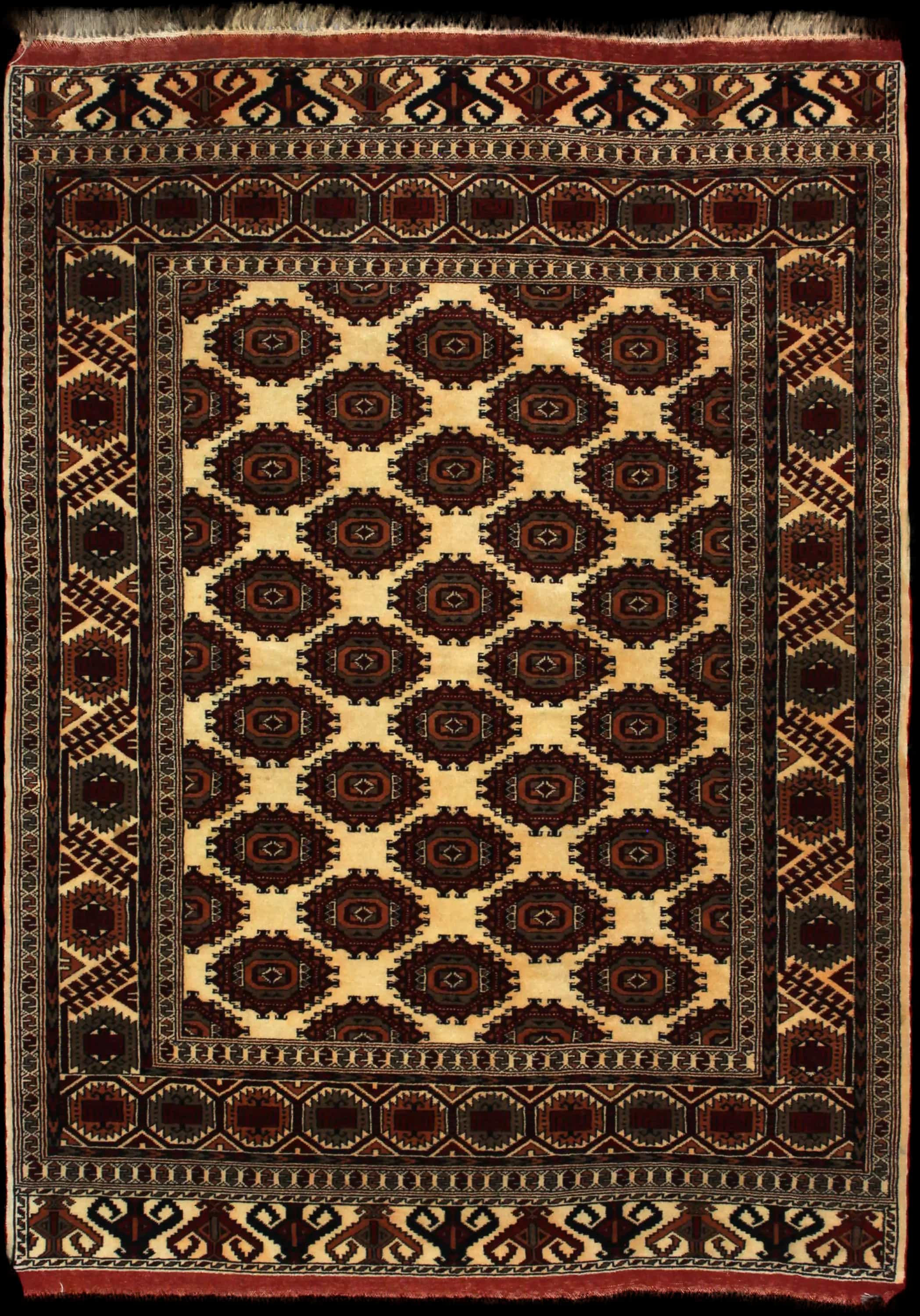 Handmade Persian rug in dimensions 196 centimeters length by 140 centimeters width with mainly Beige and Brown colors