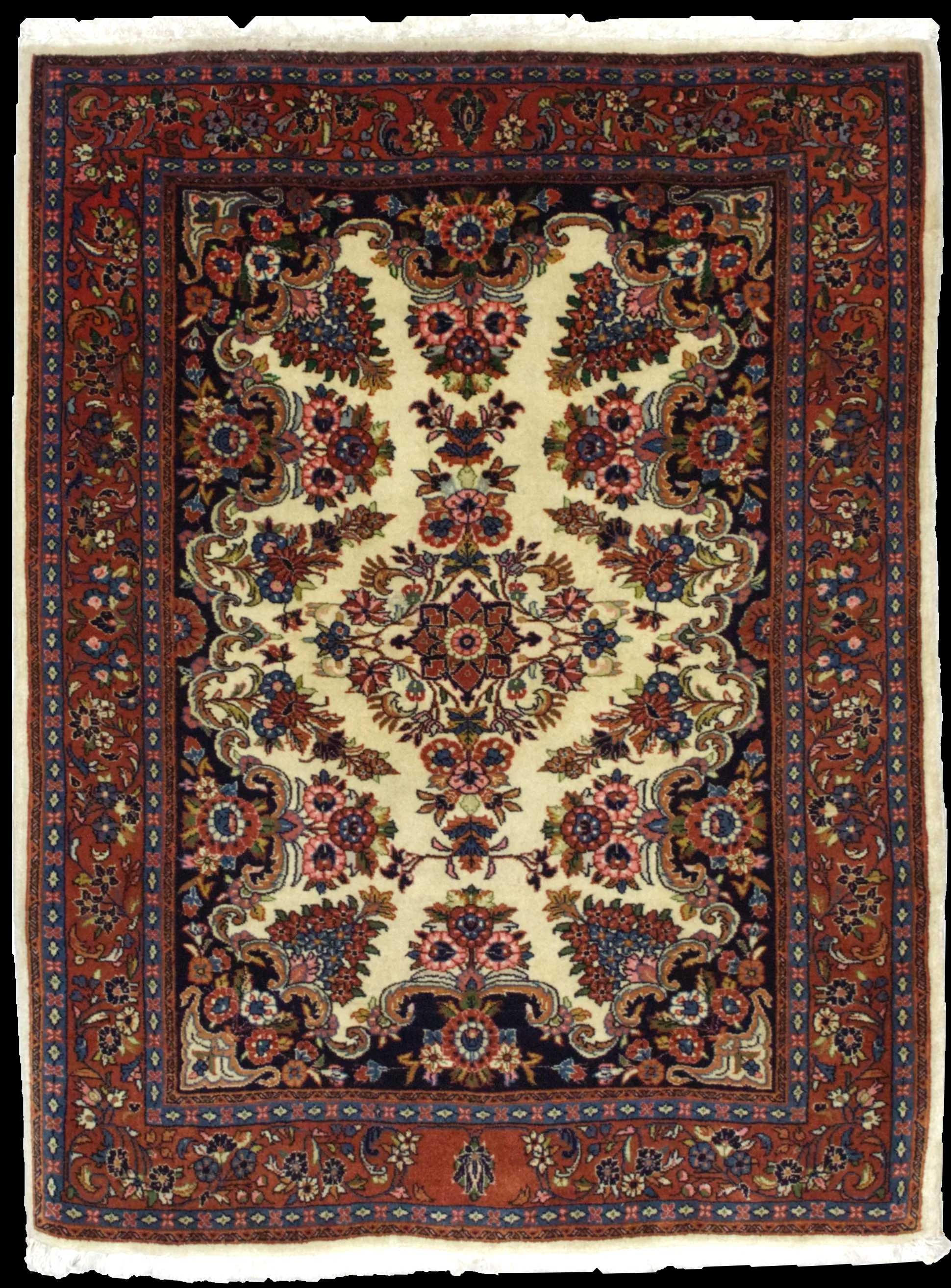 Handmade Persian rug in dimensions 145 centimeters length by 112 centimeters width with mainly Beige and Brown colors