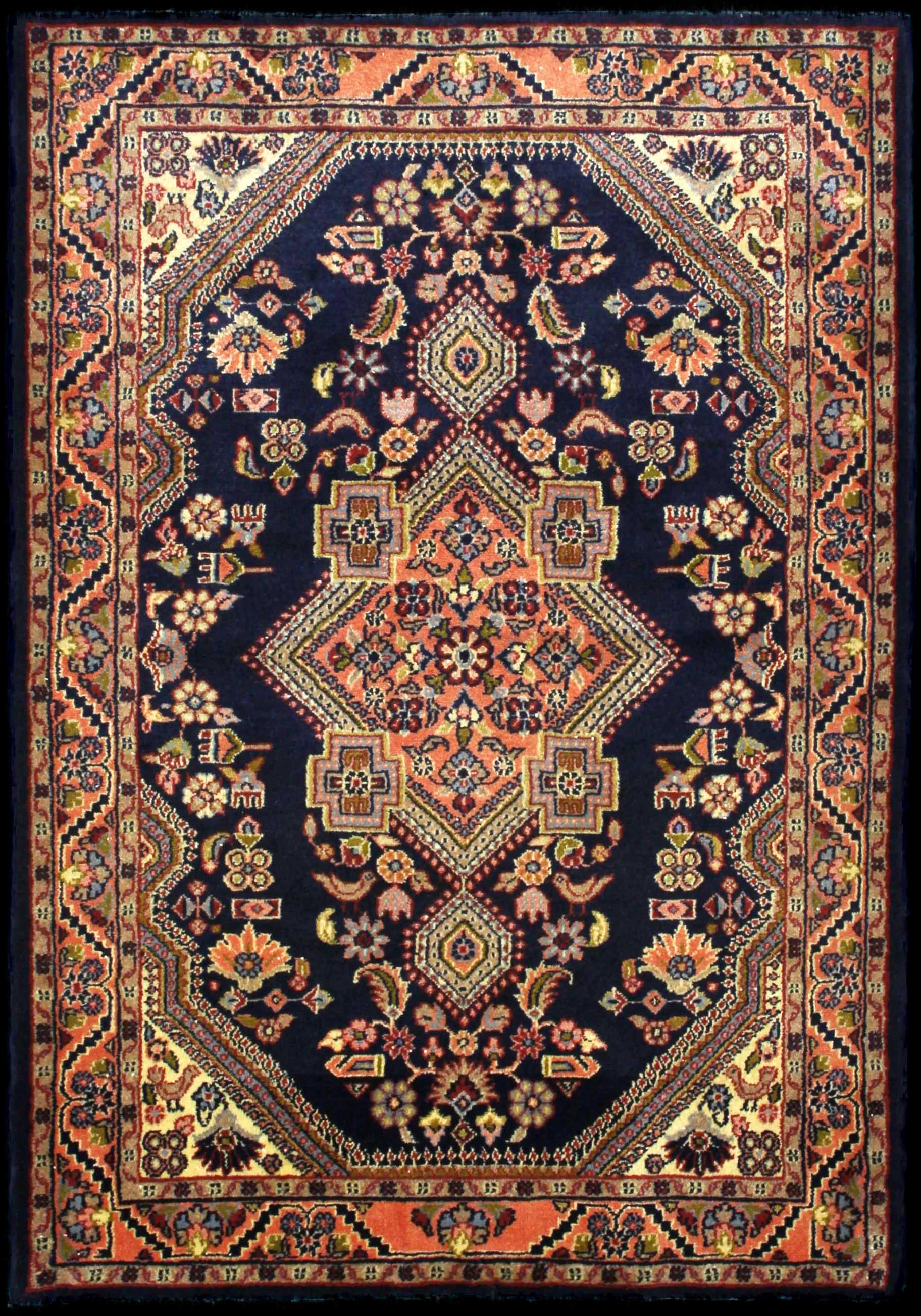 Handmade Persian rug in dimensions 150 centimeters length by 106 centimeters width with mainly Blue and Pink colors