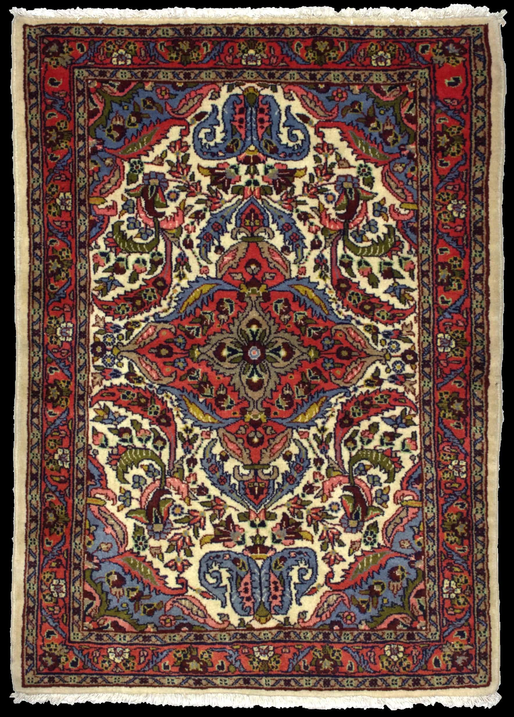 Handmade Perse rug in dimensions 140 centimeters length by 103 centimeters width with mainly Orange et Bleu colors