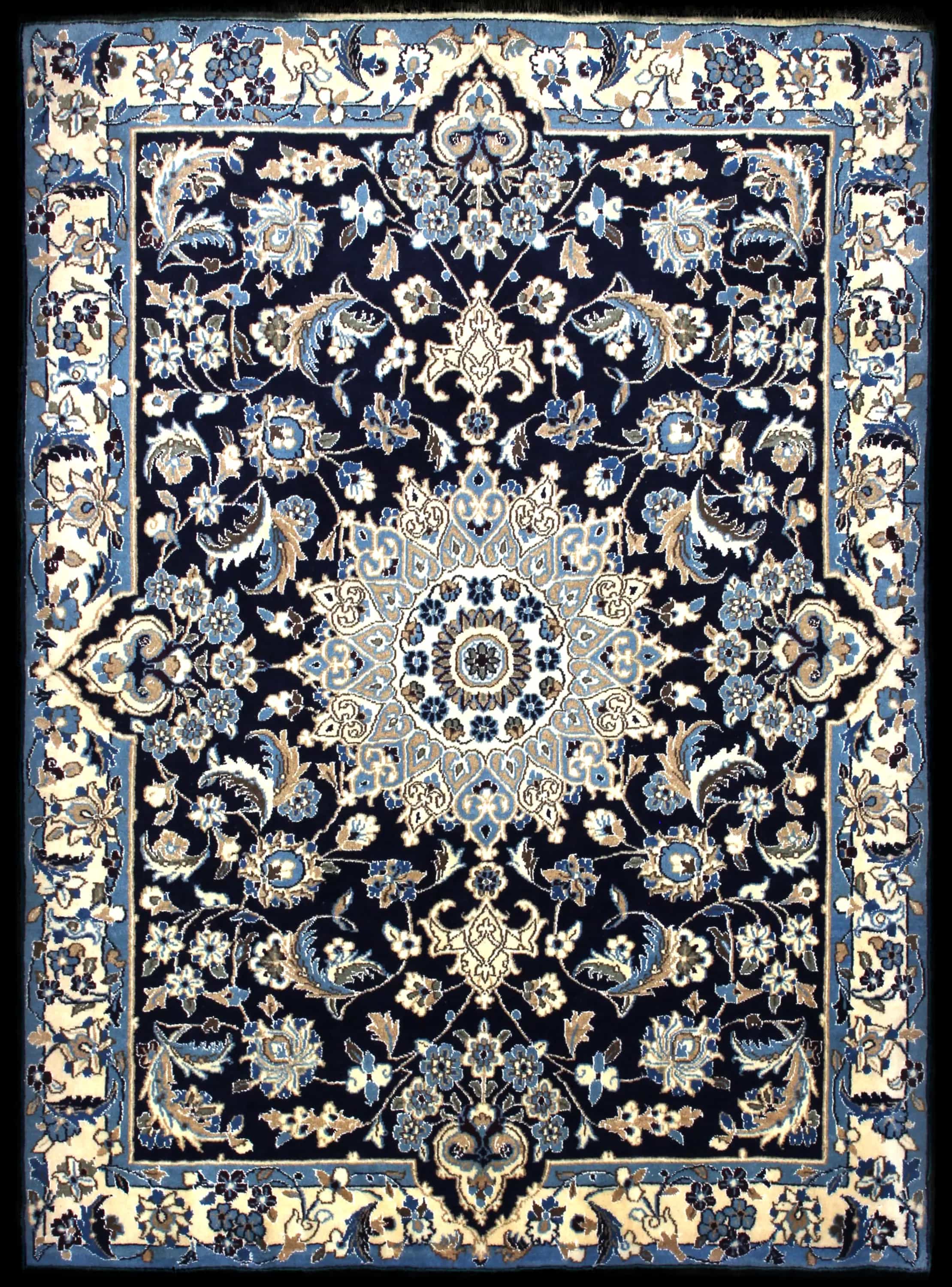 Handmade Perse rug in dimensions 198 centimeters length by 142 centimeters width with mainly Bleu colors