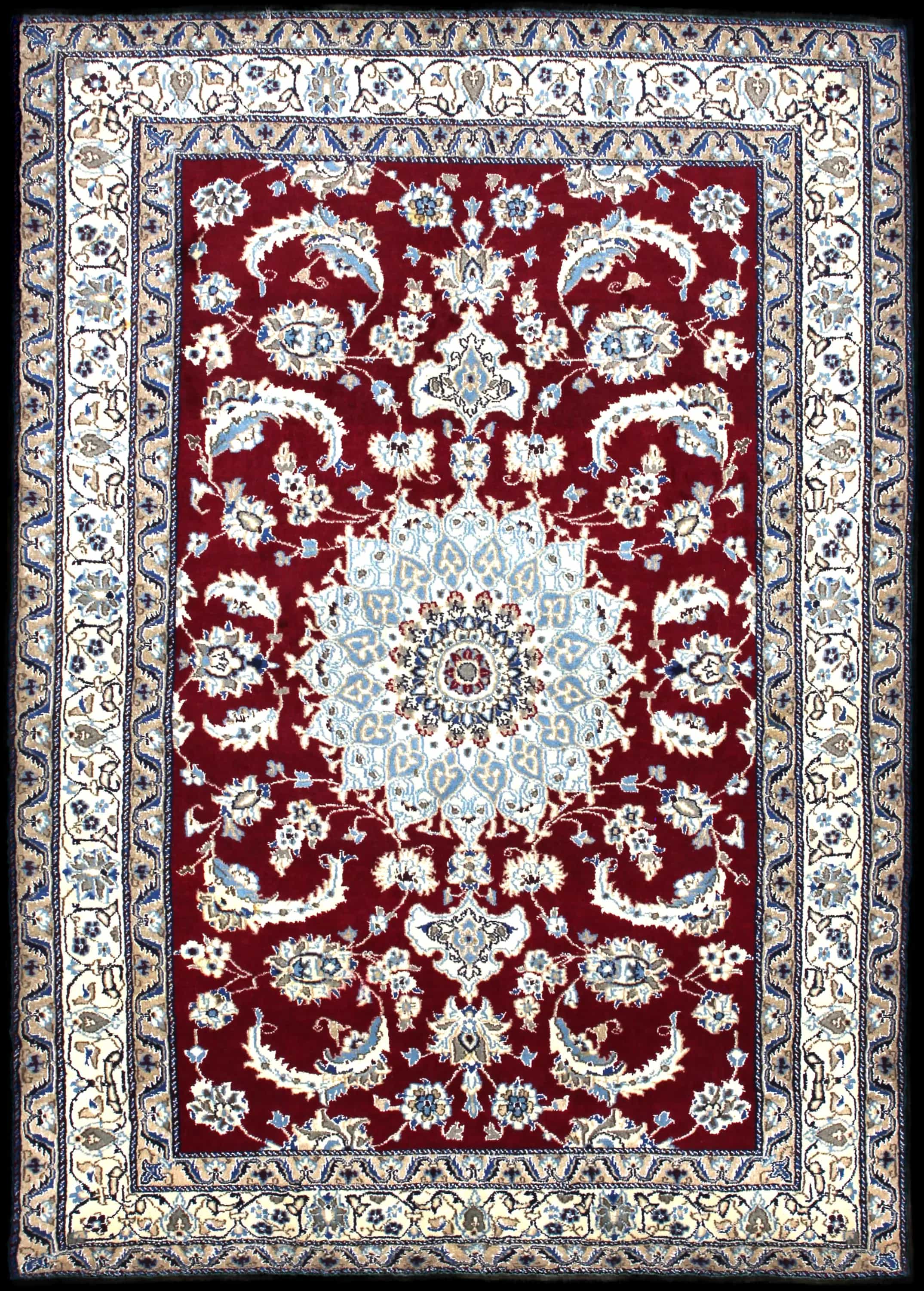 Handmade Persian rug in dimensions 203 centimeters length by 145 centimeters width with mainly Red and Blue colors