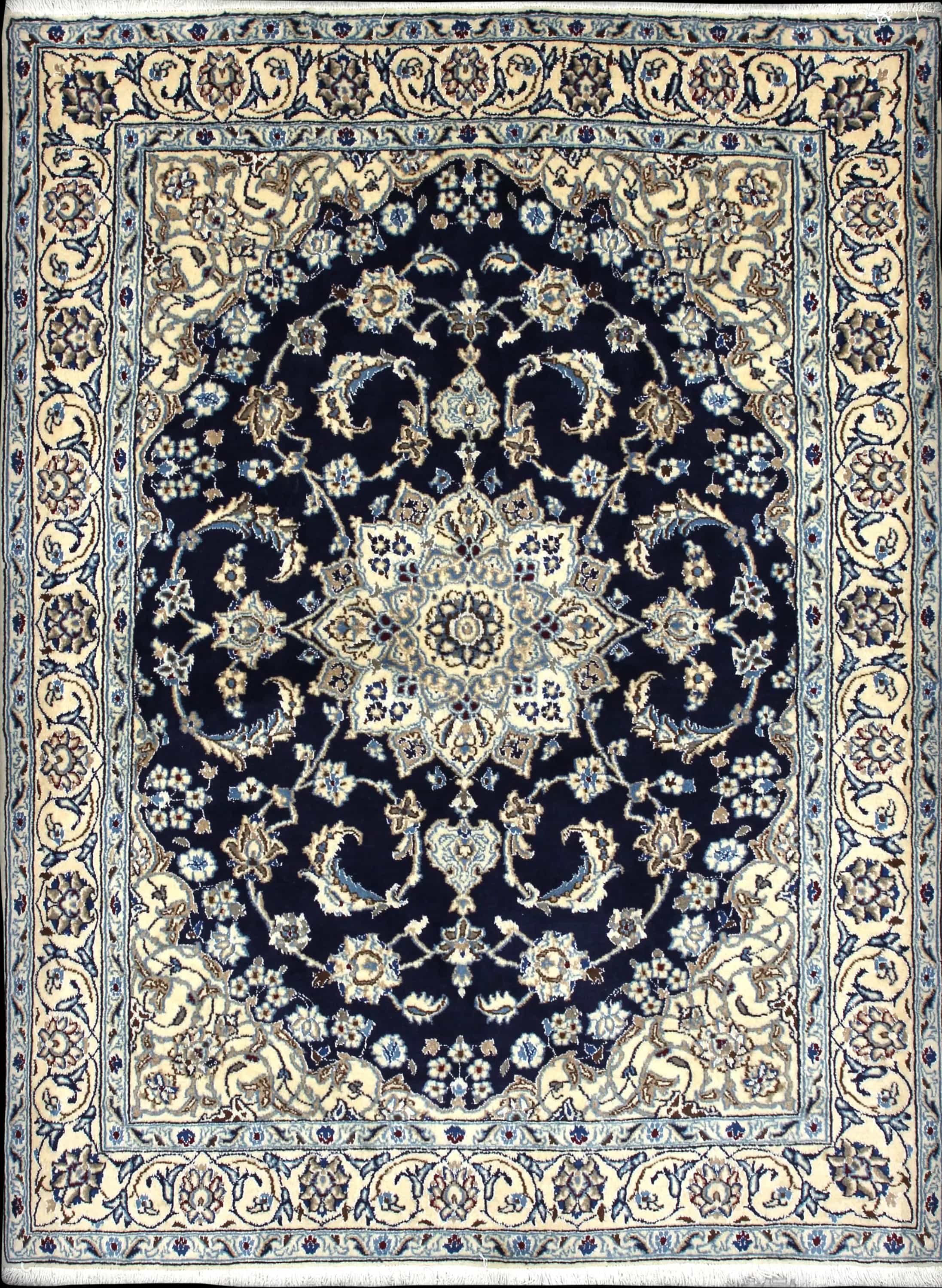 Handmade Perse rug in dimensions 195 centimeters length by 146 centimeters width with mainly Bleu et Beige colors