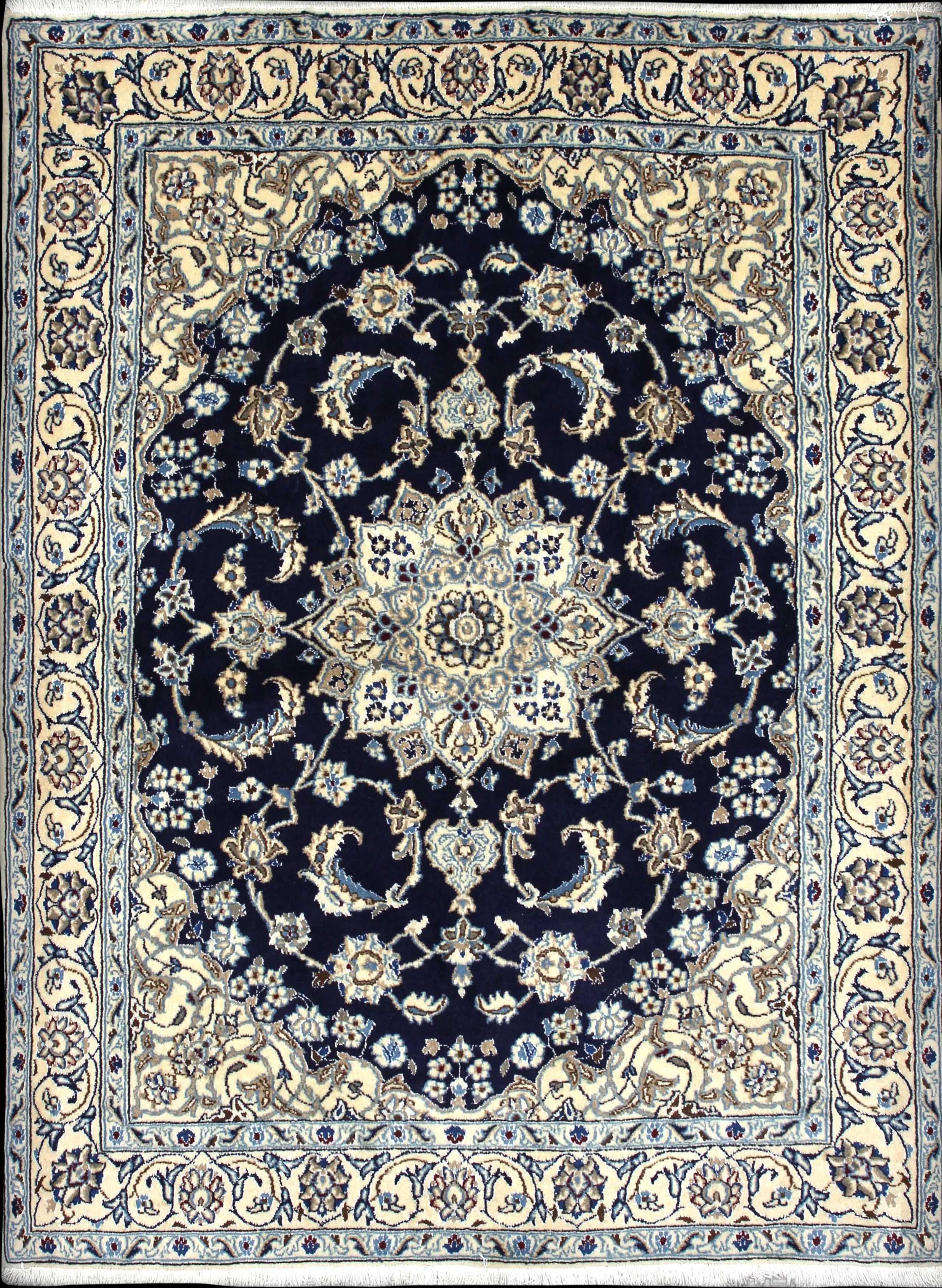 Handmade Persian rug in dimensions 195 centimeters length by 146 centimetres width with mainly Blue and Beige colors