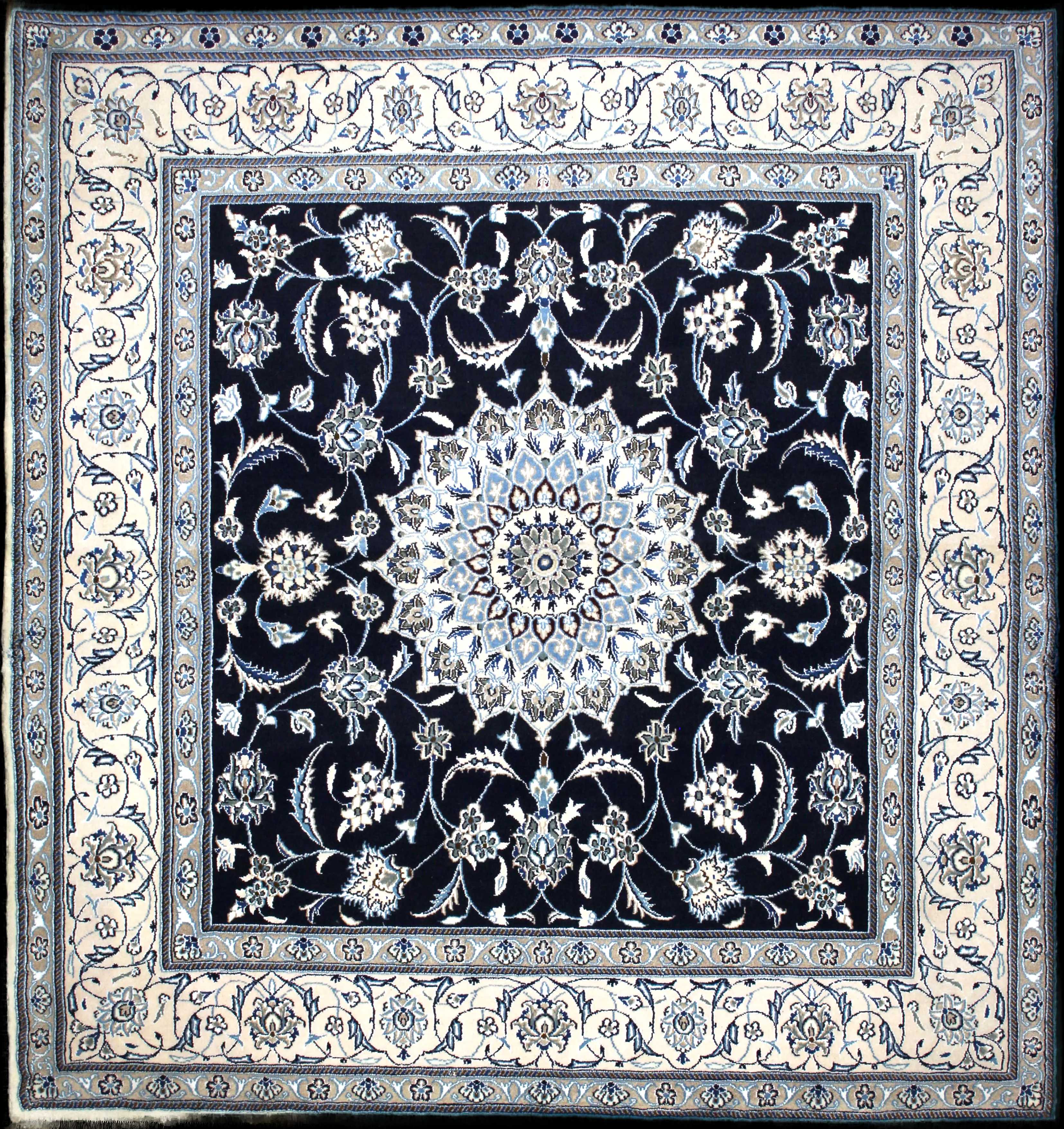 Handmade Persian rug of Nain style in dimensions 202 centimeters length by 198 centimetres width with mainly Blue and White colors