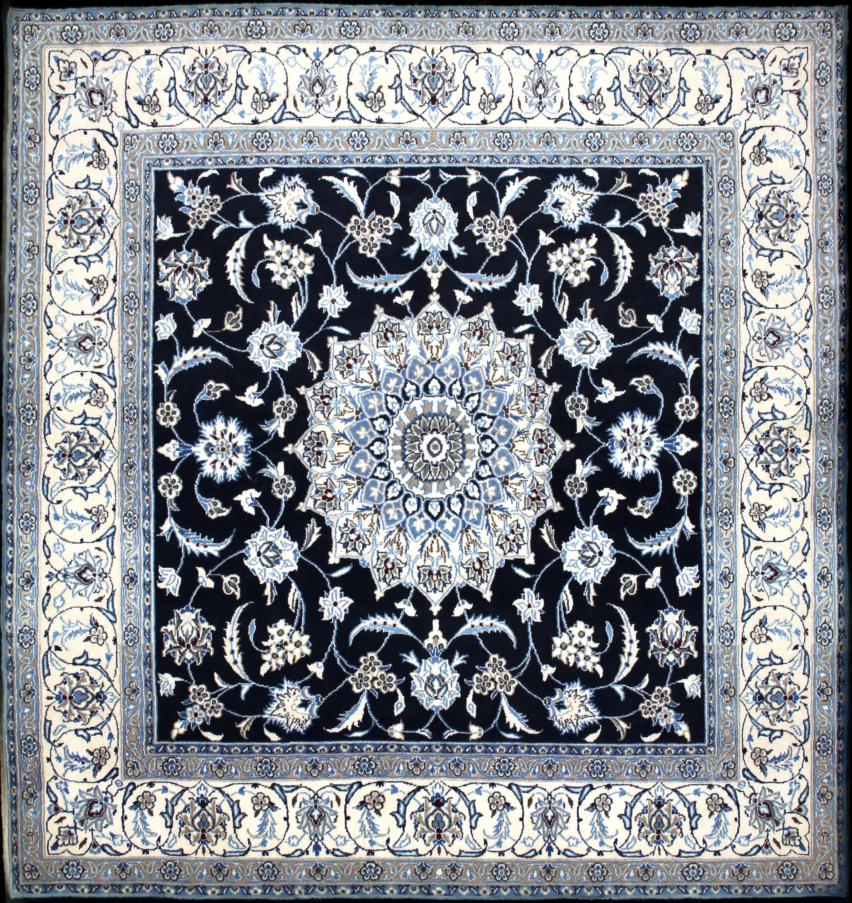 Handmade Persian rug in dimensions 207 centimeters length by 200 centimeters width with mainly Blue and White colors