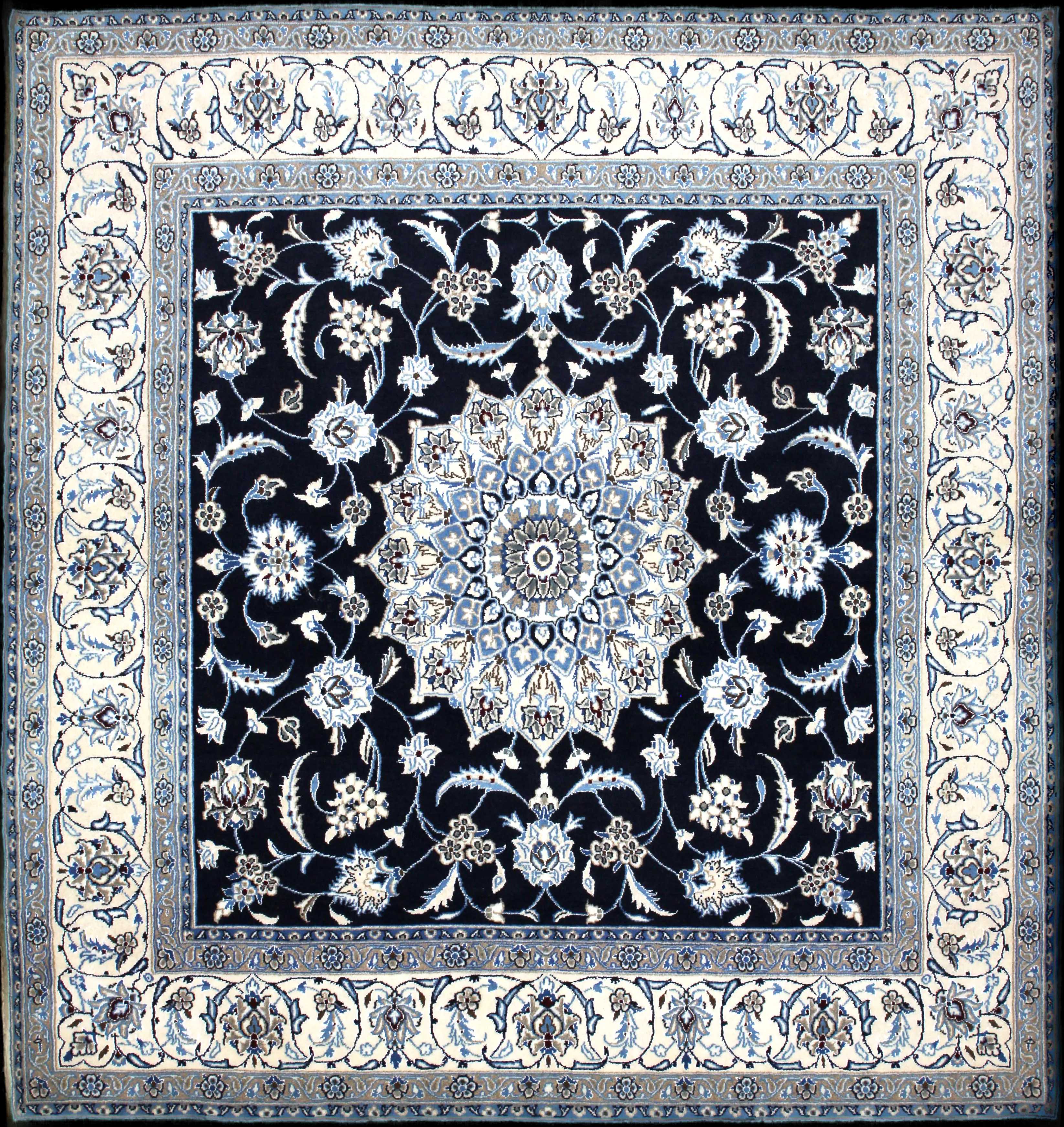 Handmade Persian rug of Nain style in dimensions 207 centimeters length by 200 centimetres width with mainly Blue and White colors