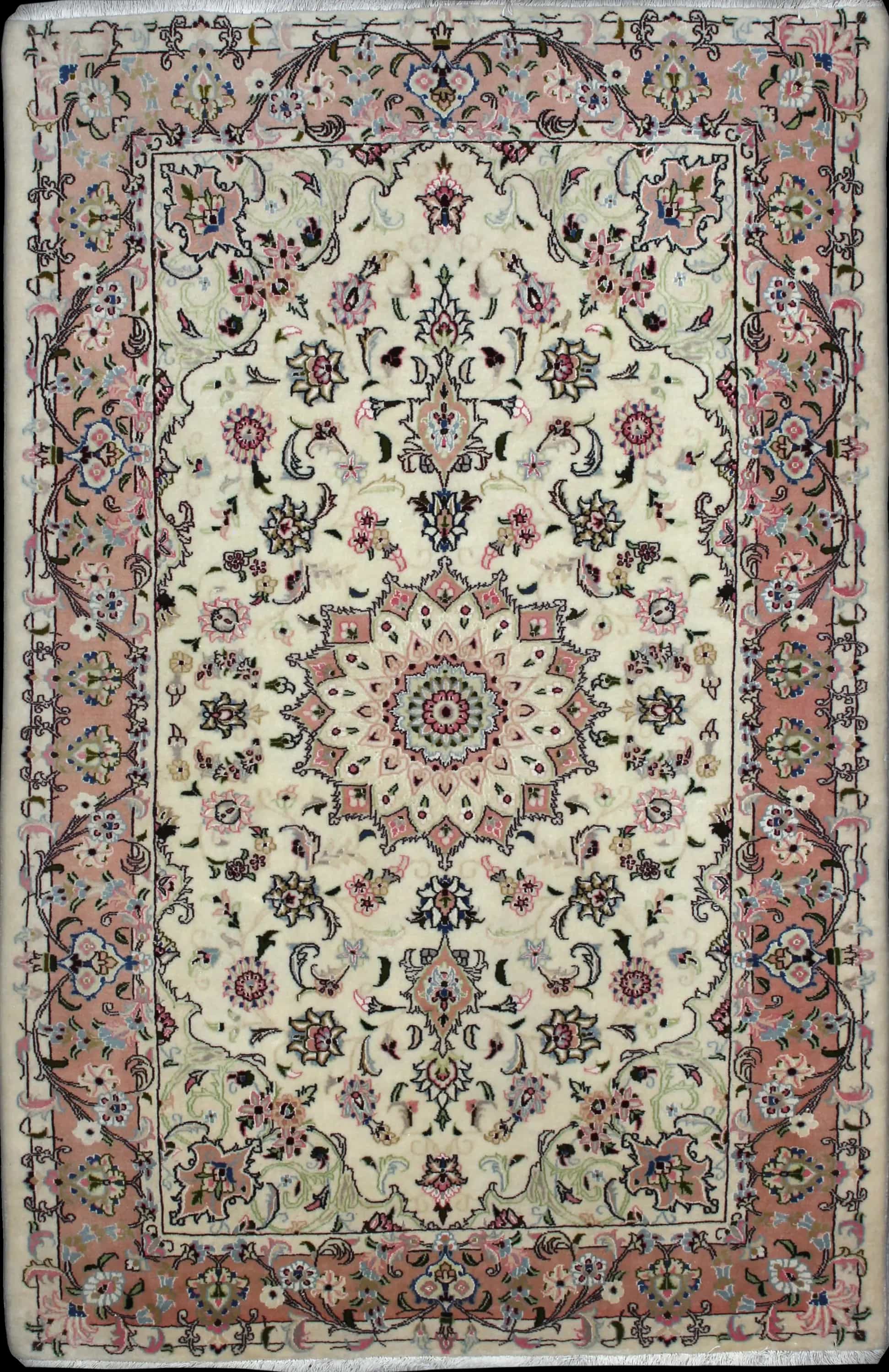 Handmade Persian rug in dimensions 208 centimeters length by 134 centimeters width with mainly Beige and Pink colors