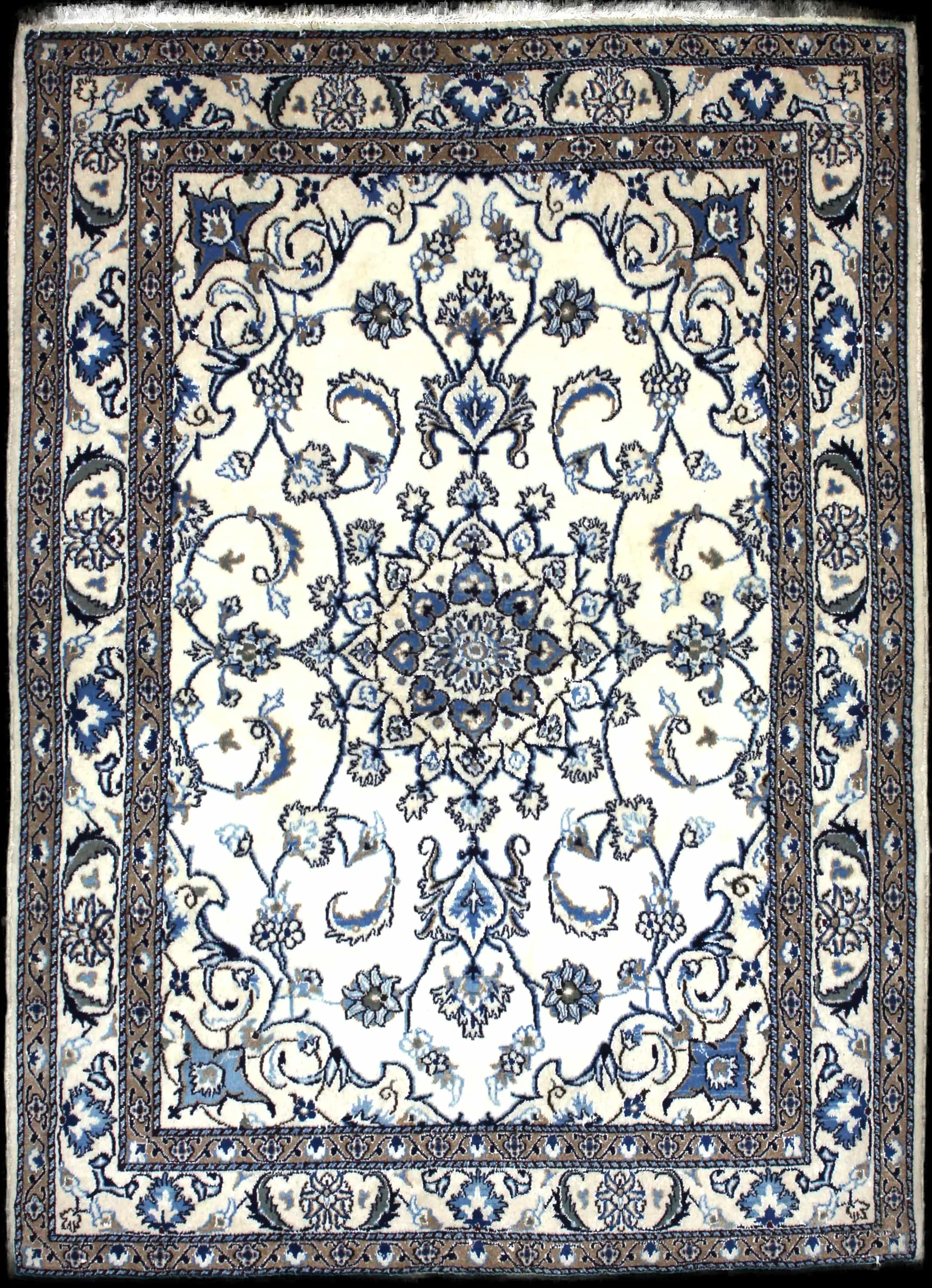 Handmade Persian rug in dimensions 202 centimeters length by 147 centimeters width with mainly Beige and Blue colors