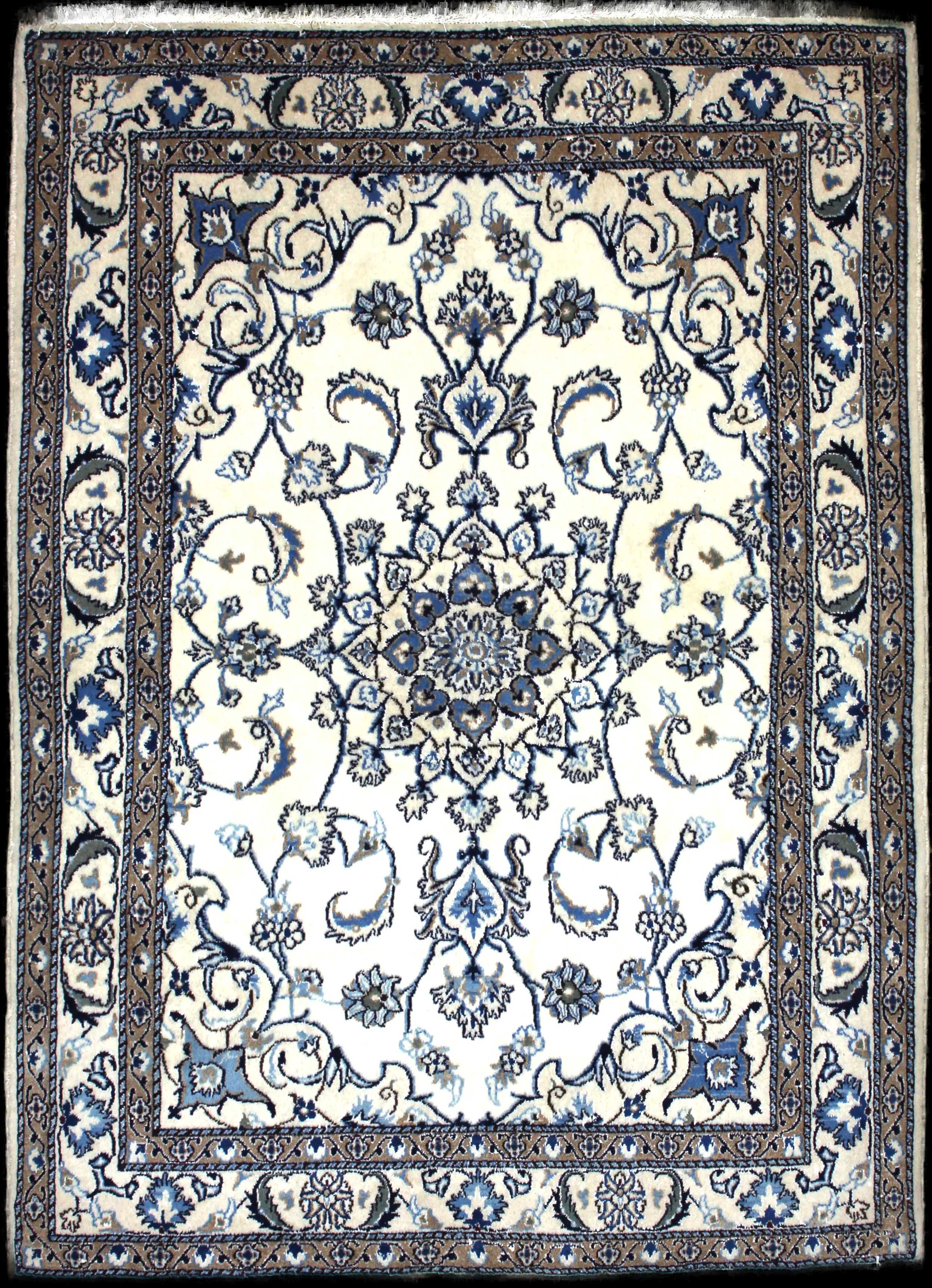 Handmade Persian rug of Nain style in dimensions 202 centimeters length by 147 centimetres width with mainly Beige and Blue colors