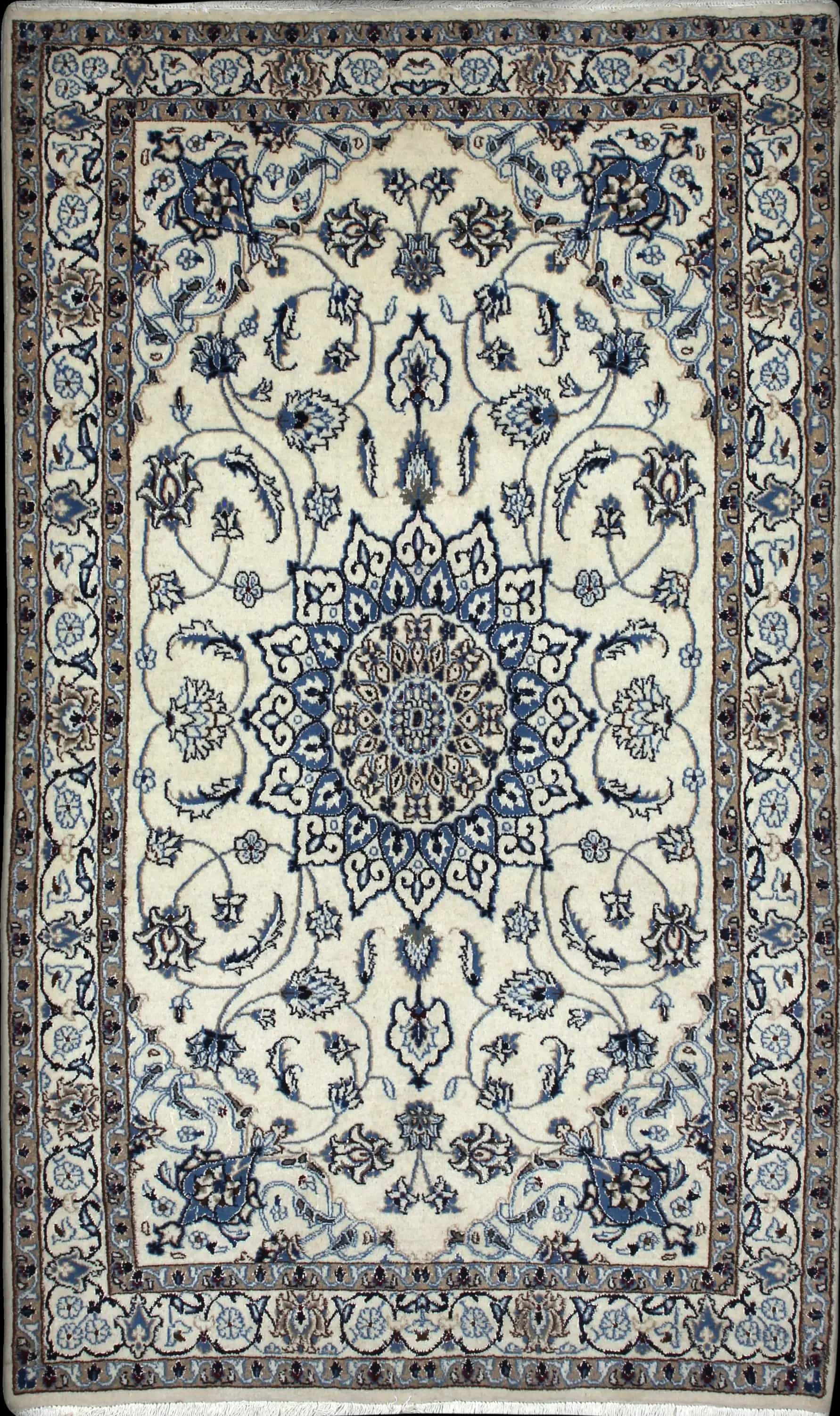 Handmade Persian rug in dimensions 202 centimeters length by 120 centimeters width with mainly Blue and Beige colors