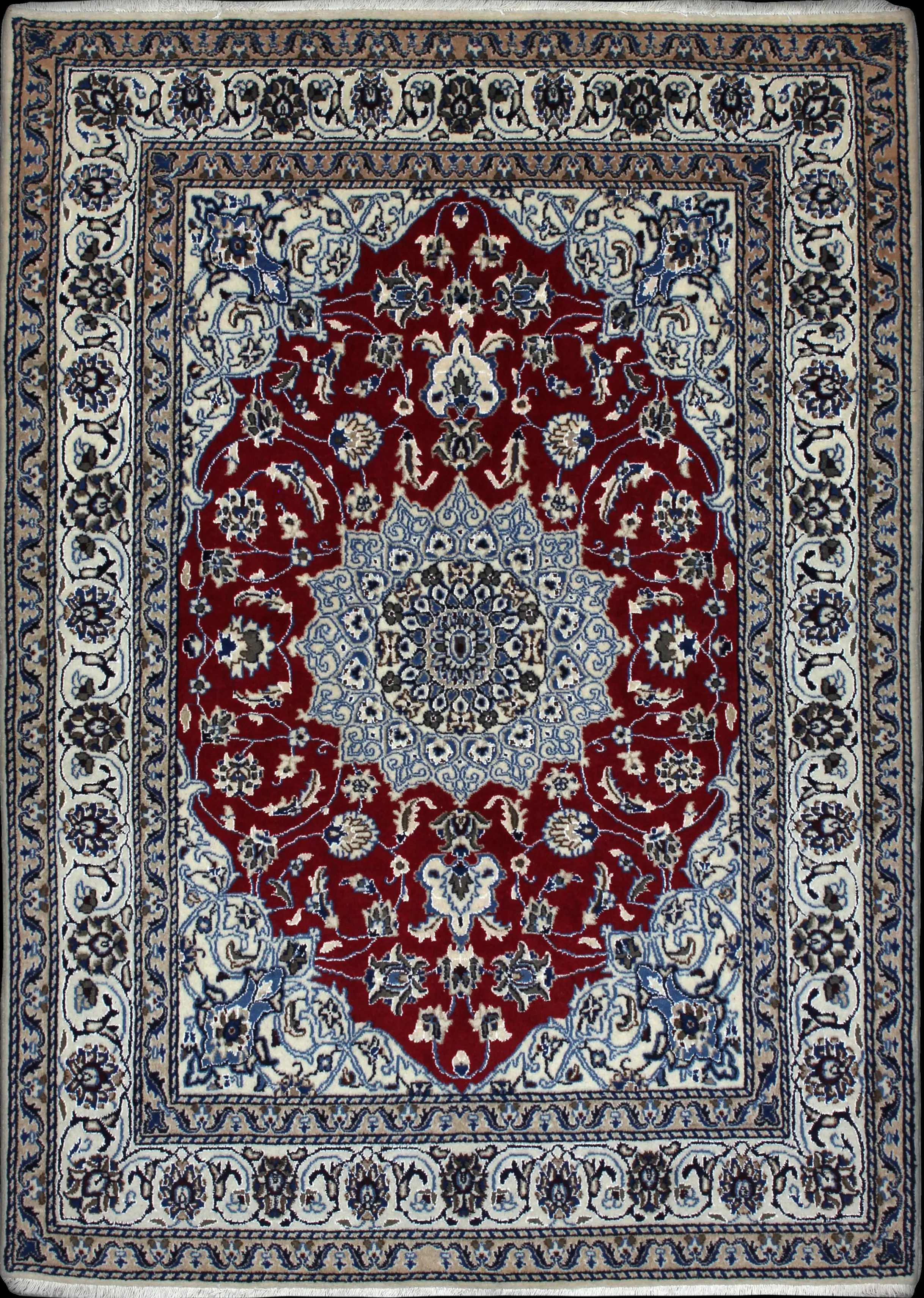 Handmade Persian rug in dimensions 203 centimeters length by 140 centimetres width with mainly Red and Blue colors