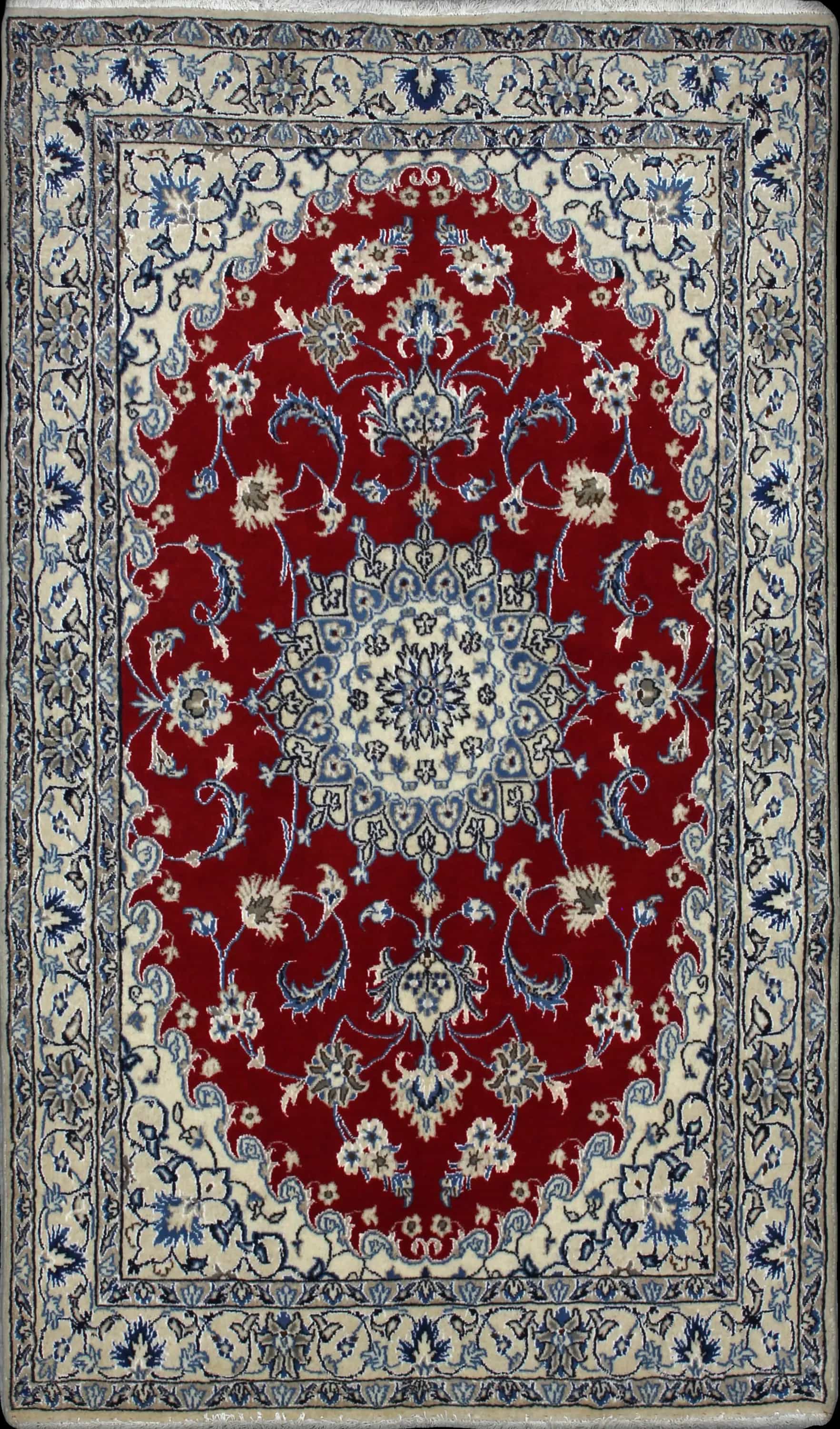 Handmade Perse rug in dimensions 200 centimeters length by 118 centimeters width with mainly Rouge et Bleu colors