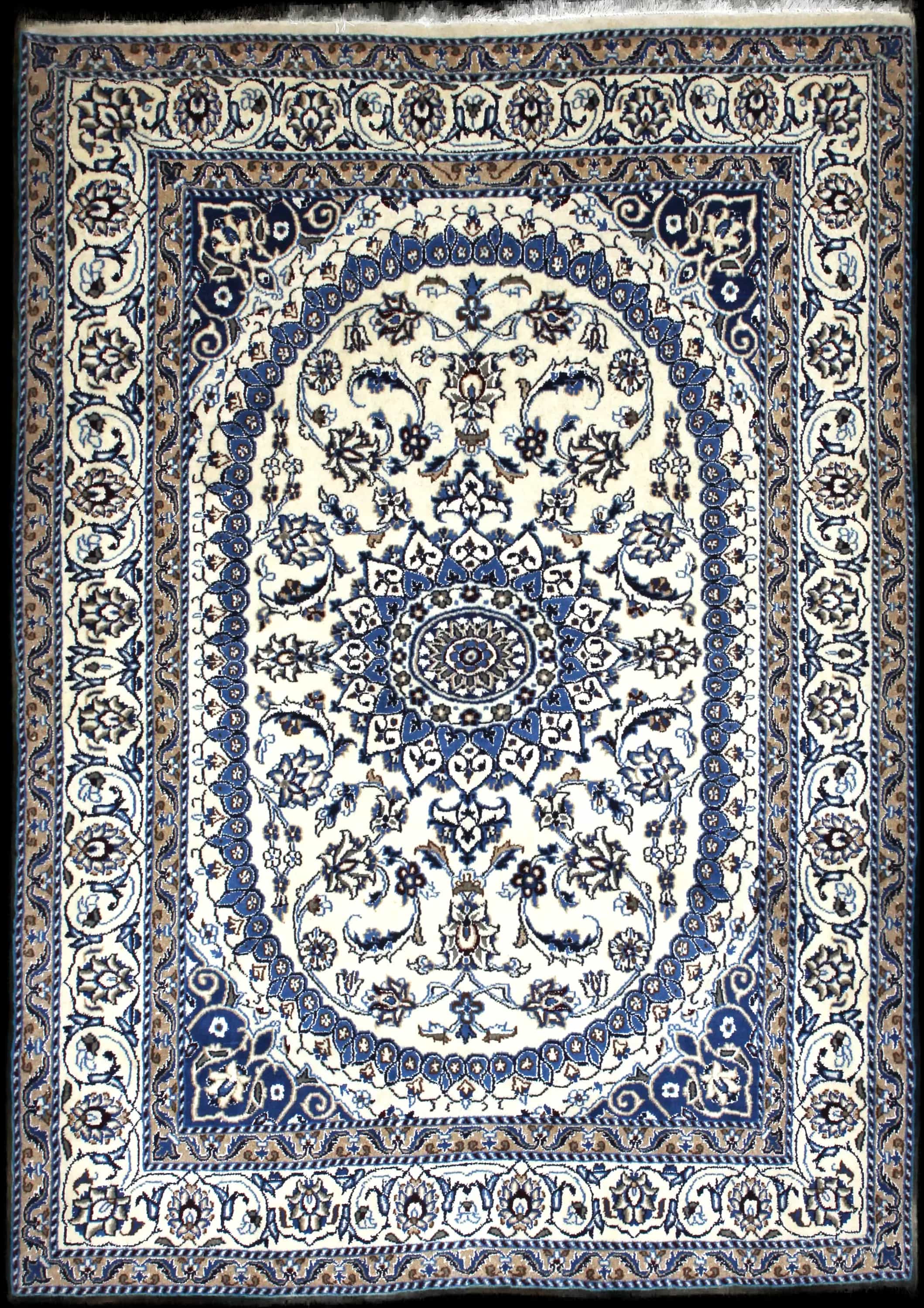 Handmade Persian rug in dimensions 212 centimeters length by 148 centimeters width with mainly Beige and Blue colors