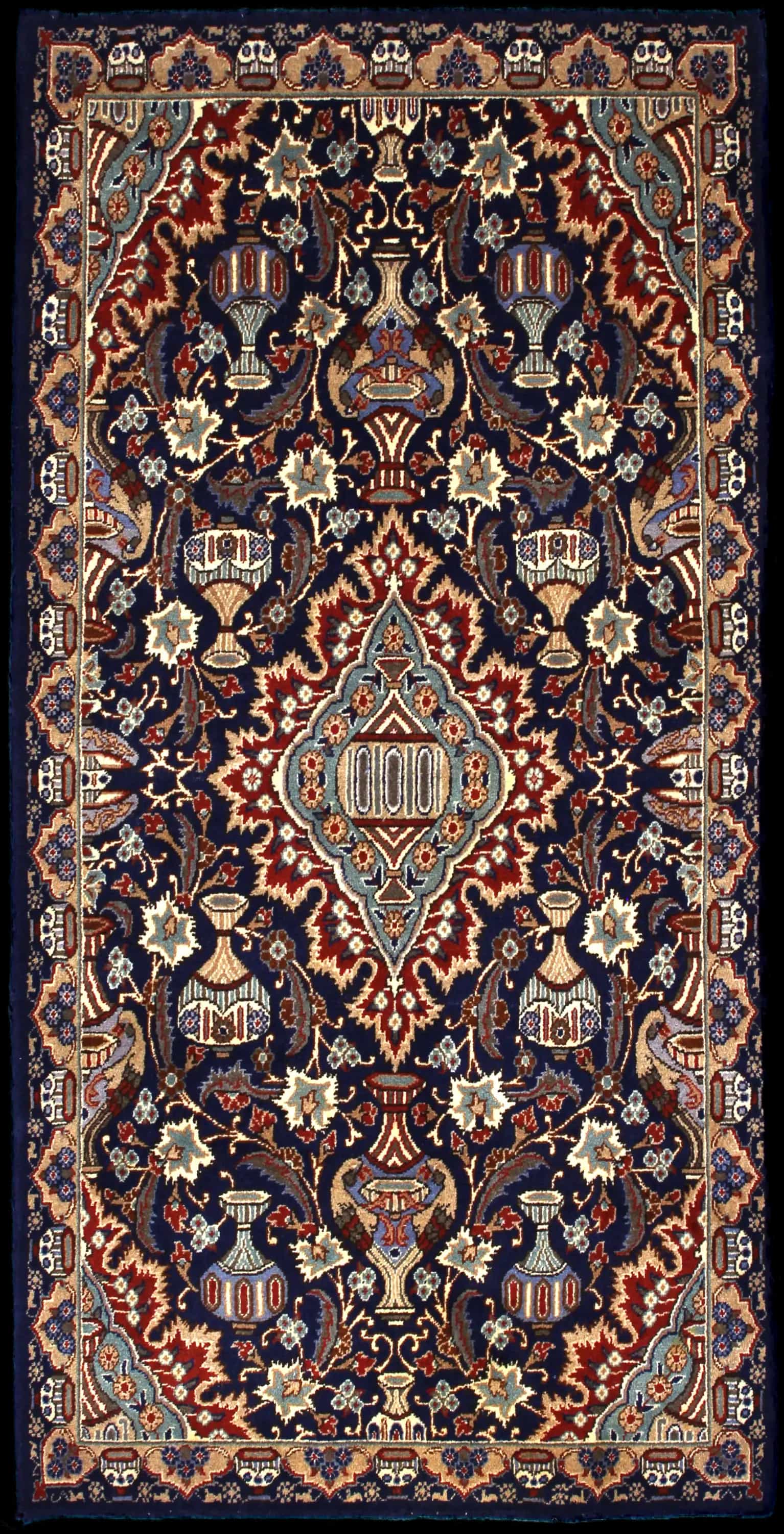 Handmade Perse rug in dimensions 210 centimeters length by 106 centimeters width with mainly Bleu et Rouge colors