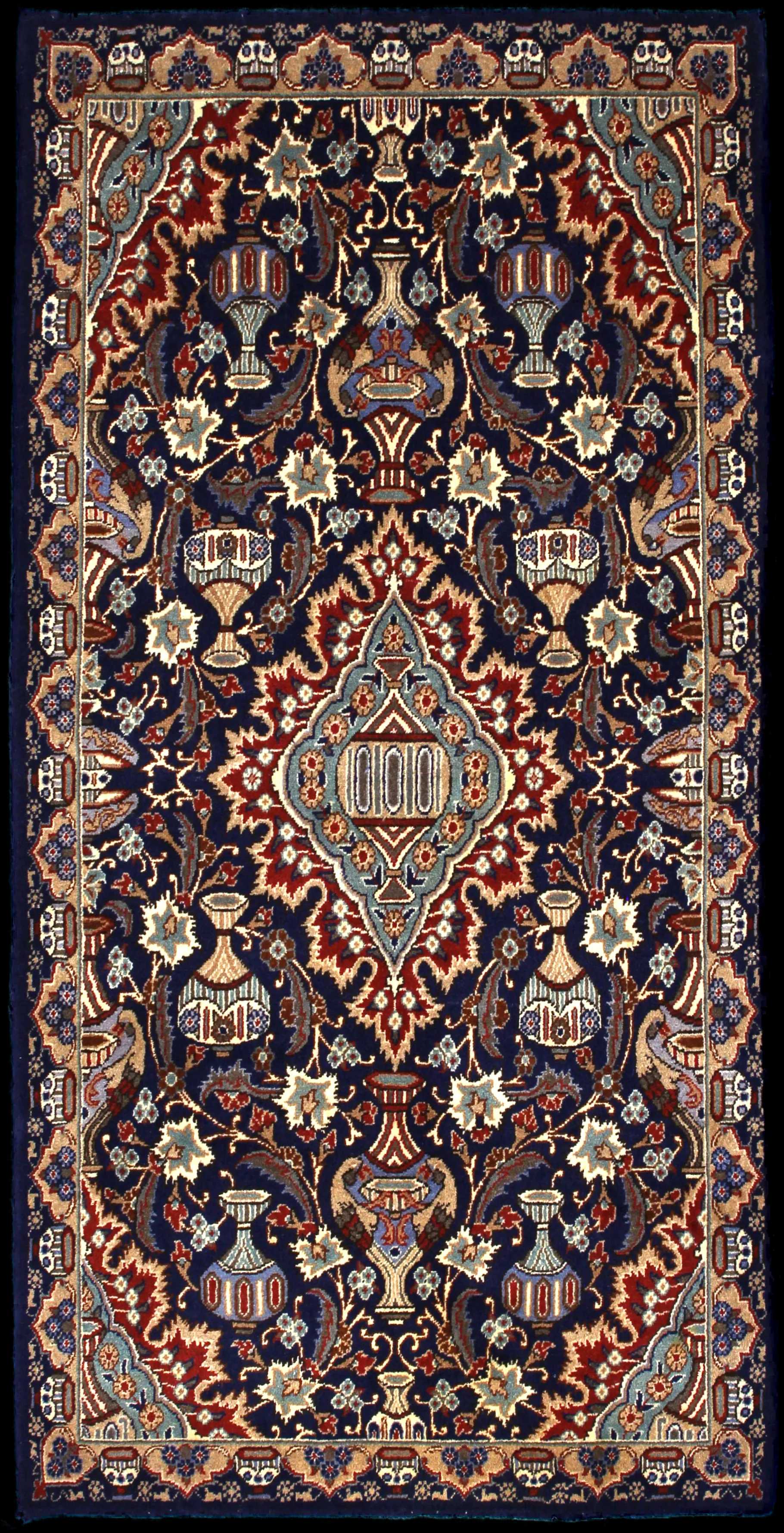 Handmade Persian rug in dimensions 210 centimeters length by 106 centimetres width with mainly Blue and Red colors