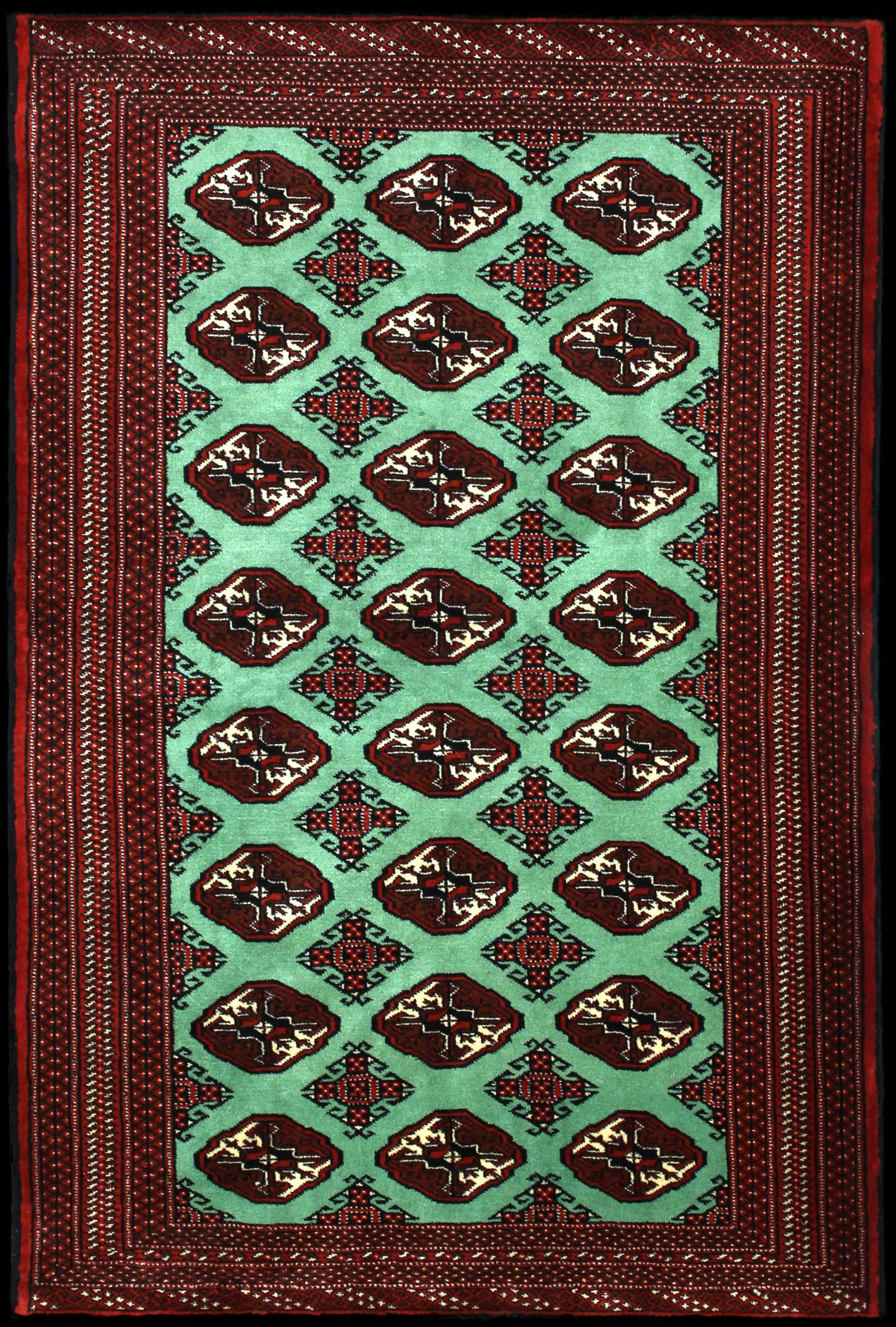 Handmade Persian rug of Turkoman style in dimensions 198 centimeters length by 132 centimetres width with mainly Red and Green colors