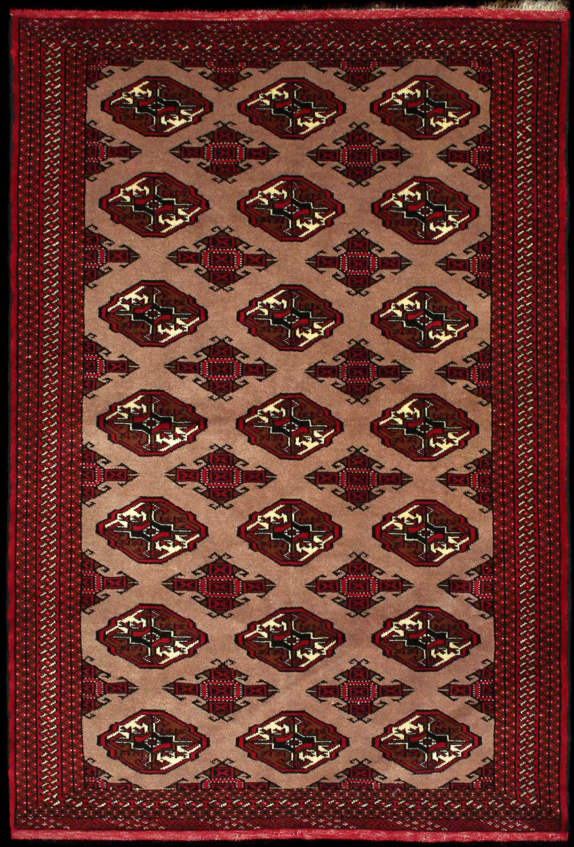 Handmade Persian rug of Turkoman style in dimensions 190 centimeters length by 130 centimetres width with mainly Red and Brown colors