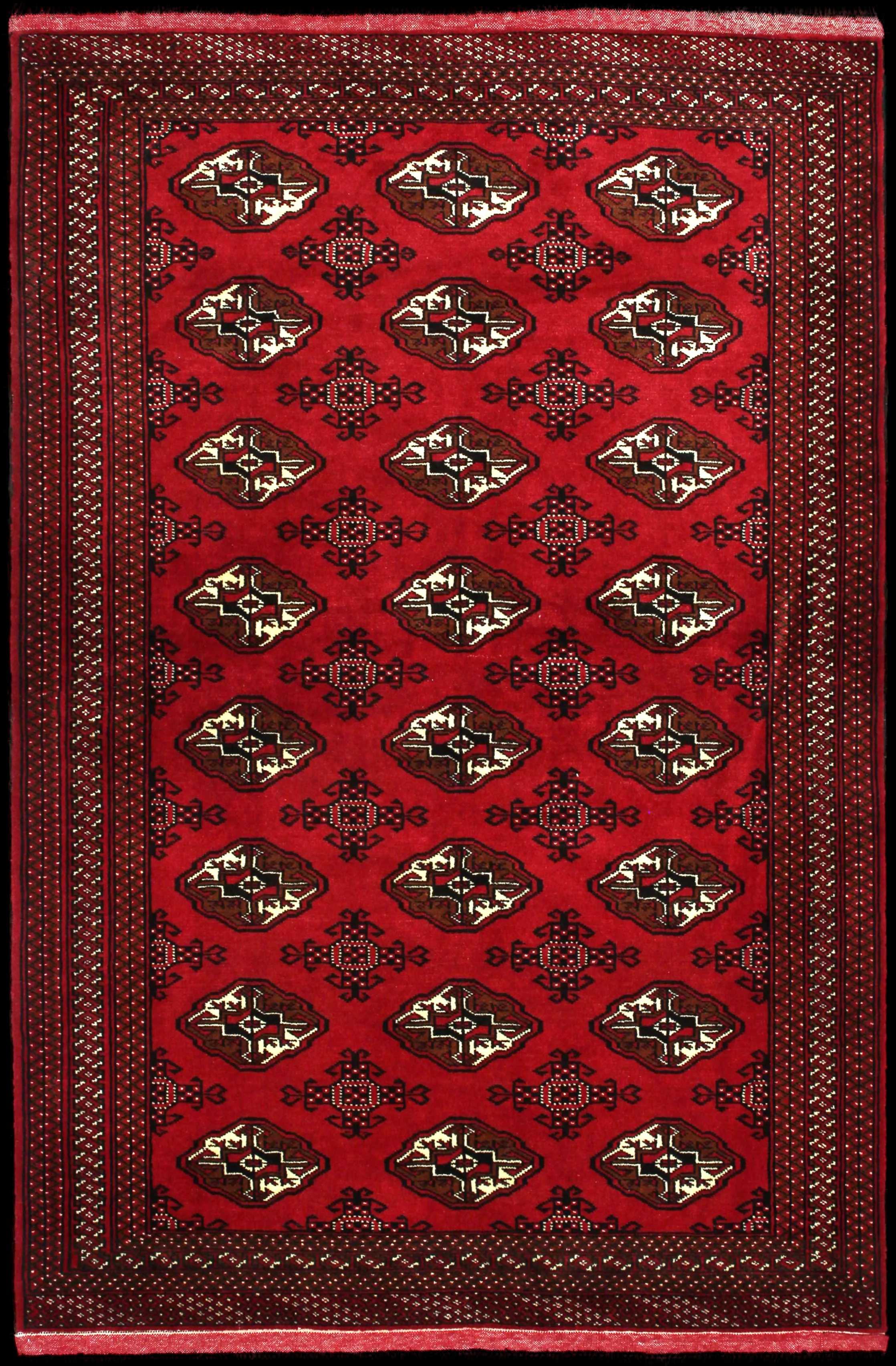 Handmade Persian rug of Turkoman style in dimensions 203 centimeters length by 132 centimetres width with mainly Red colors