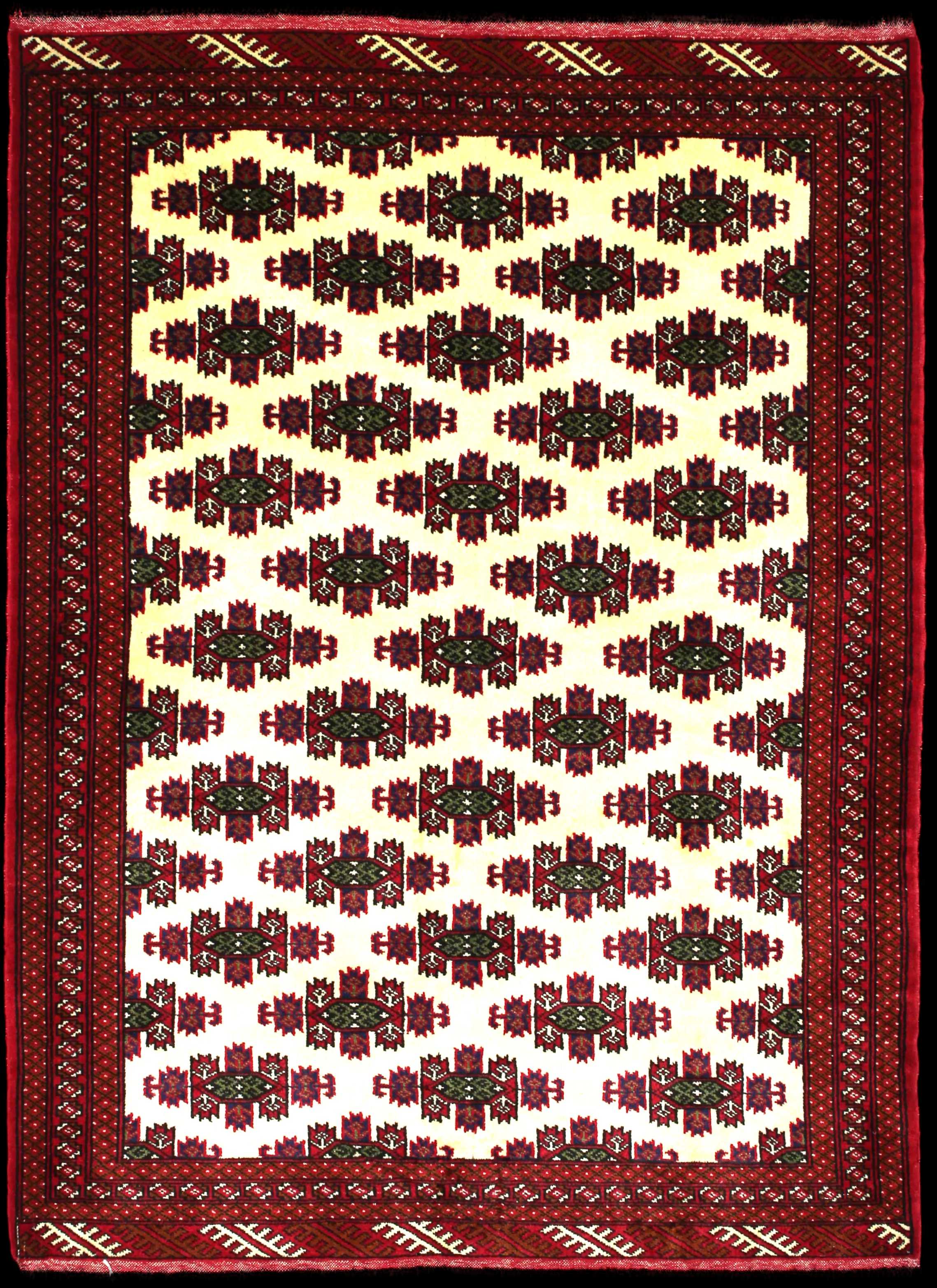 Handmade Persian rug of Turkoman style in dimensions 185 centimeters length by 132 centimetres width with mainly Red and Beige colors