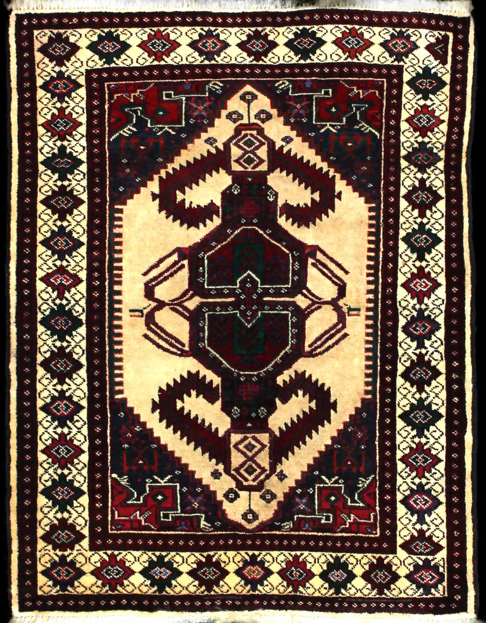 Handmade Perse rug in dimensions 113 centimeters length by 90 centimeters width with mainly Beige et Jaune colors