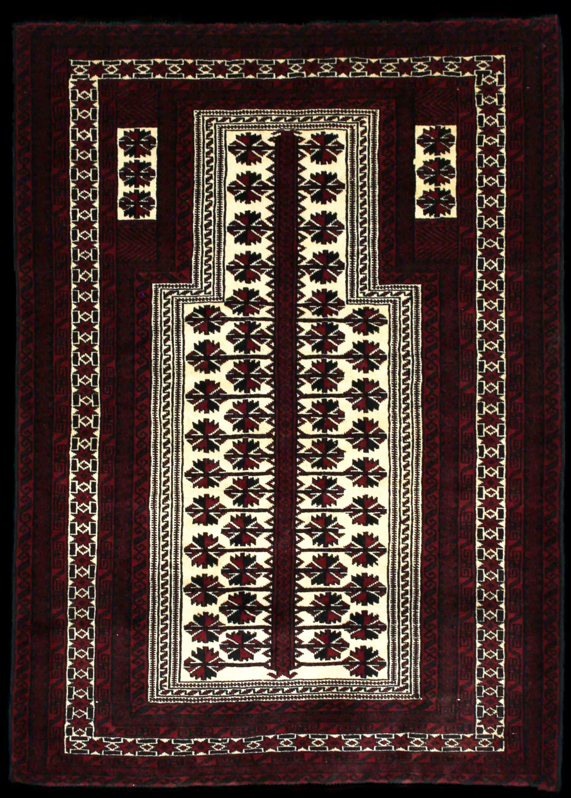 Handmade Persian rug of Turkoman style in dimensions 150 centimeters length by 110 centimetres width with mainly Beige and Red colors