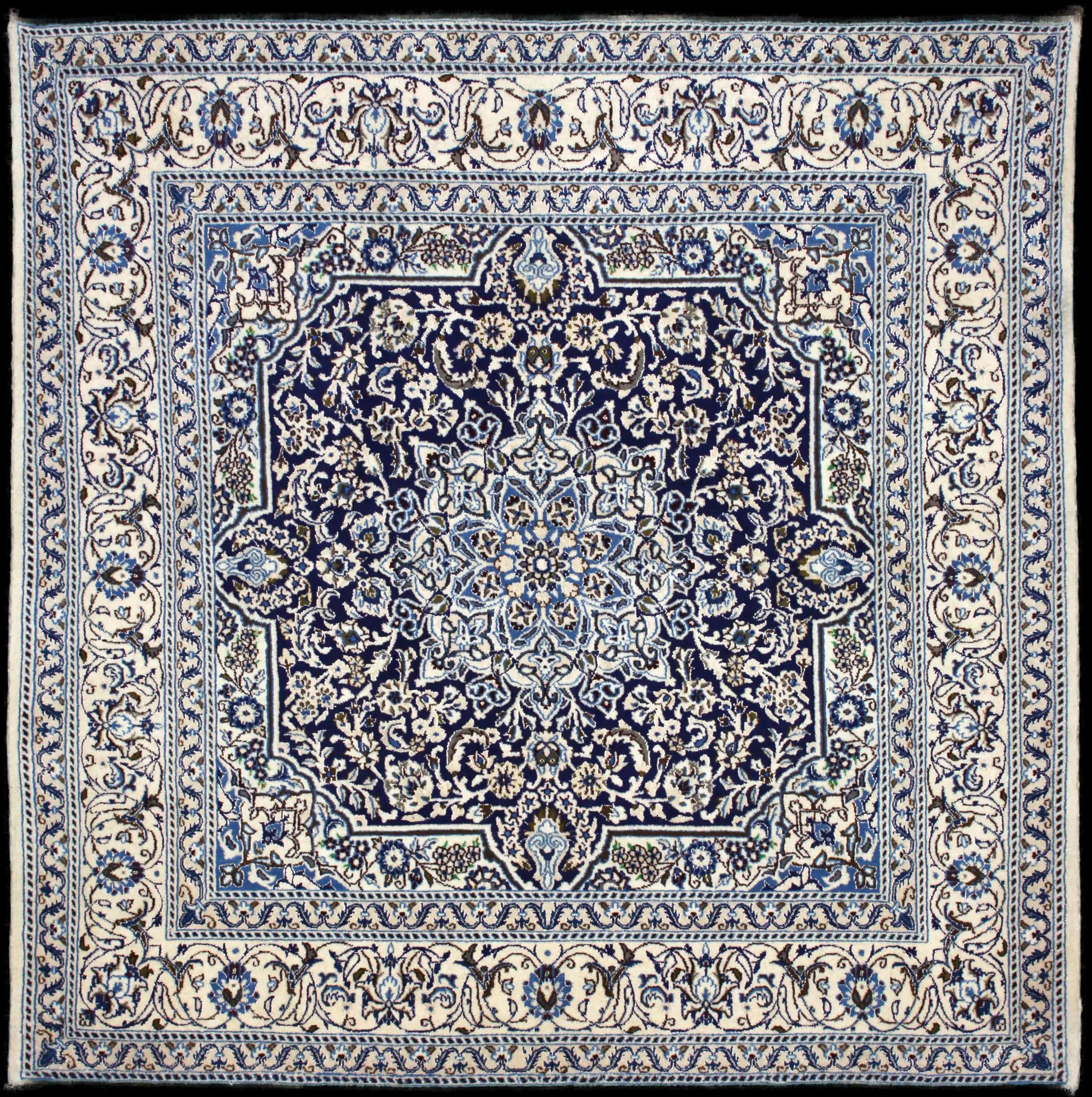 Handmade Persian rug in dimensions 202 centimeters length by 195 centimeters width with mainly White and Blue colors