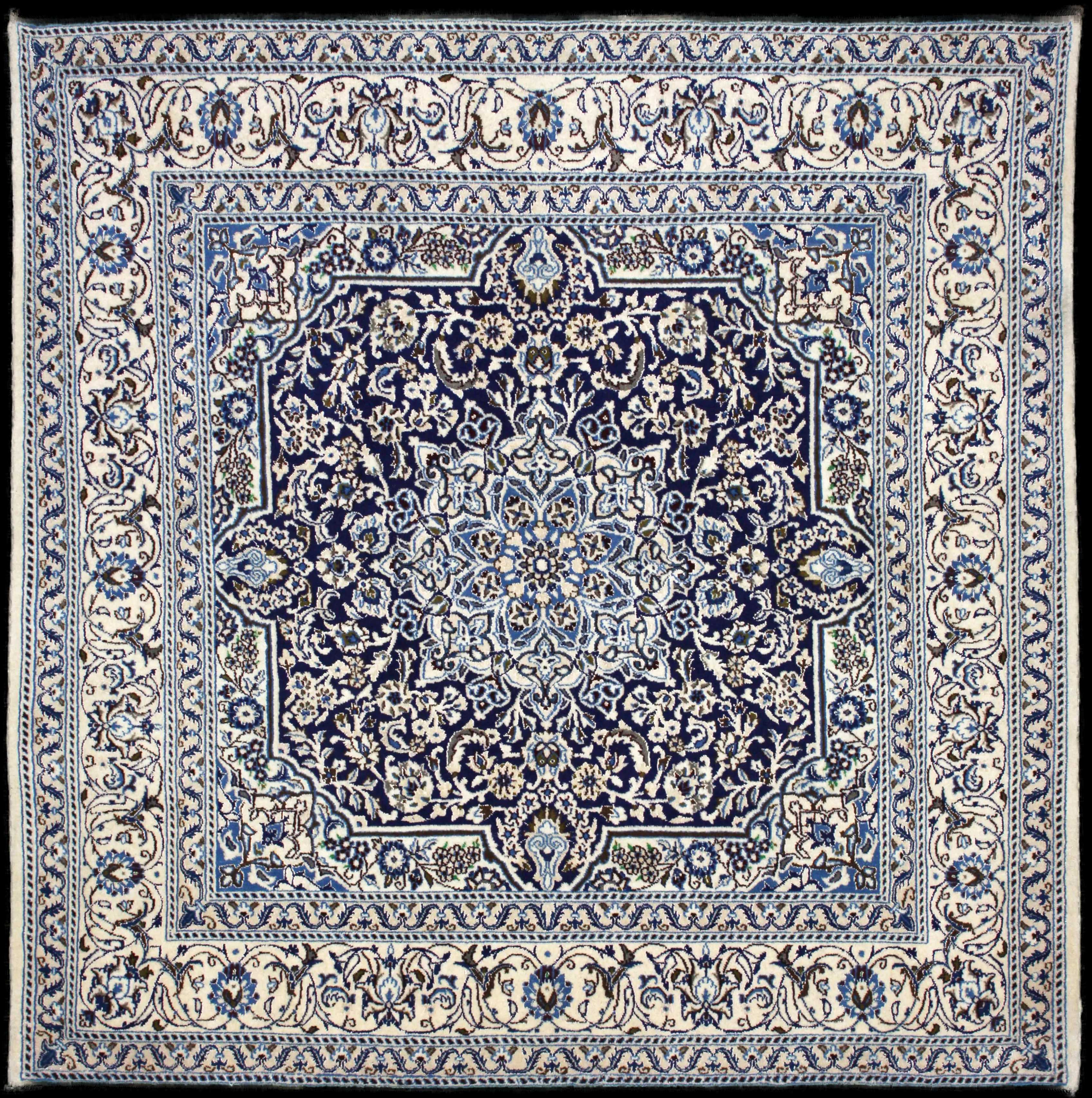 Handmade Persian rug of Nain style in dimensions 202 centimeters length by 195 centimetres width with mainly White and Blue colors