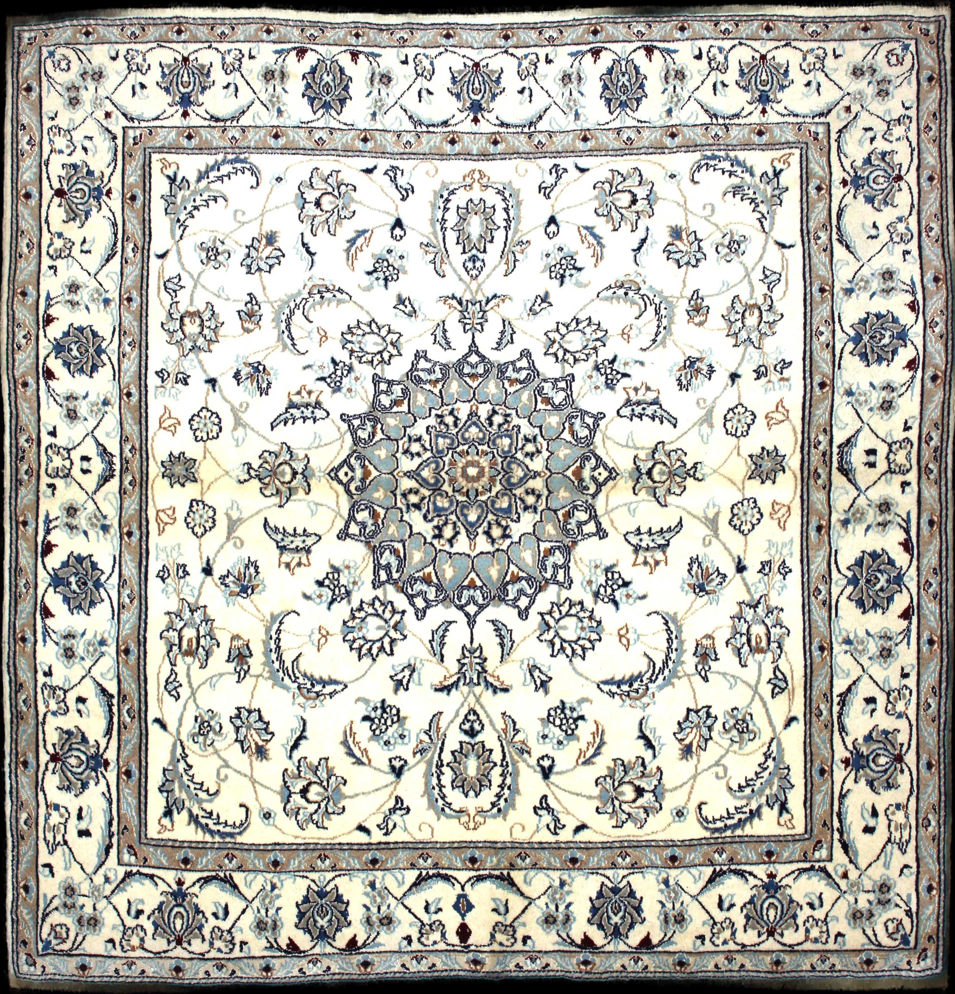 Handmade Persian rug of Nain style in dimensions 205 centimeters length by 200 centimetres width with mainly Beige and Blue colors