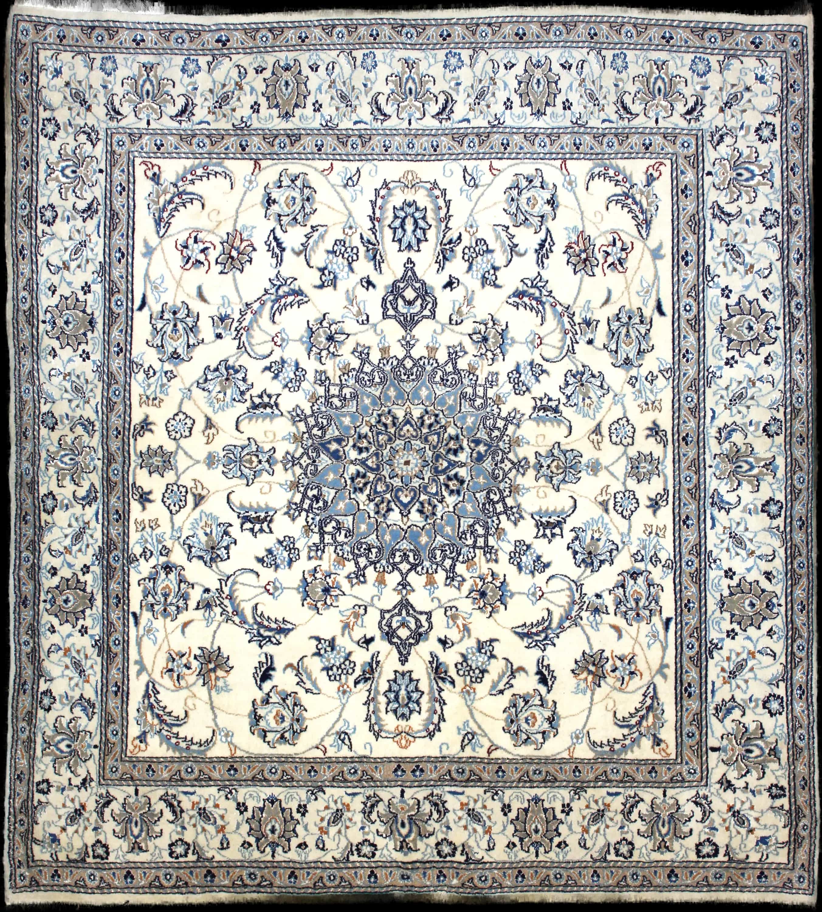 Handmade Persian rug in dimensions 212 centimeters length by 194 centimeters width with mainly Beige and Blue colors