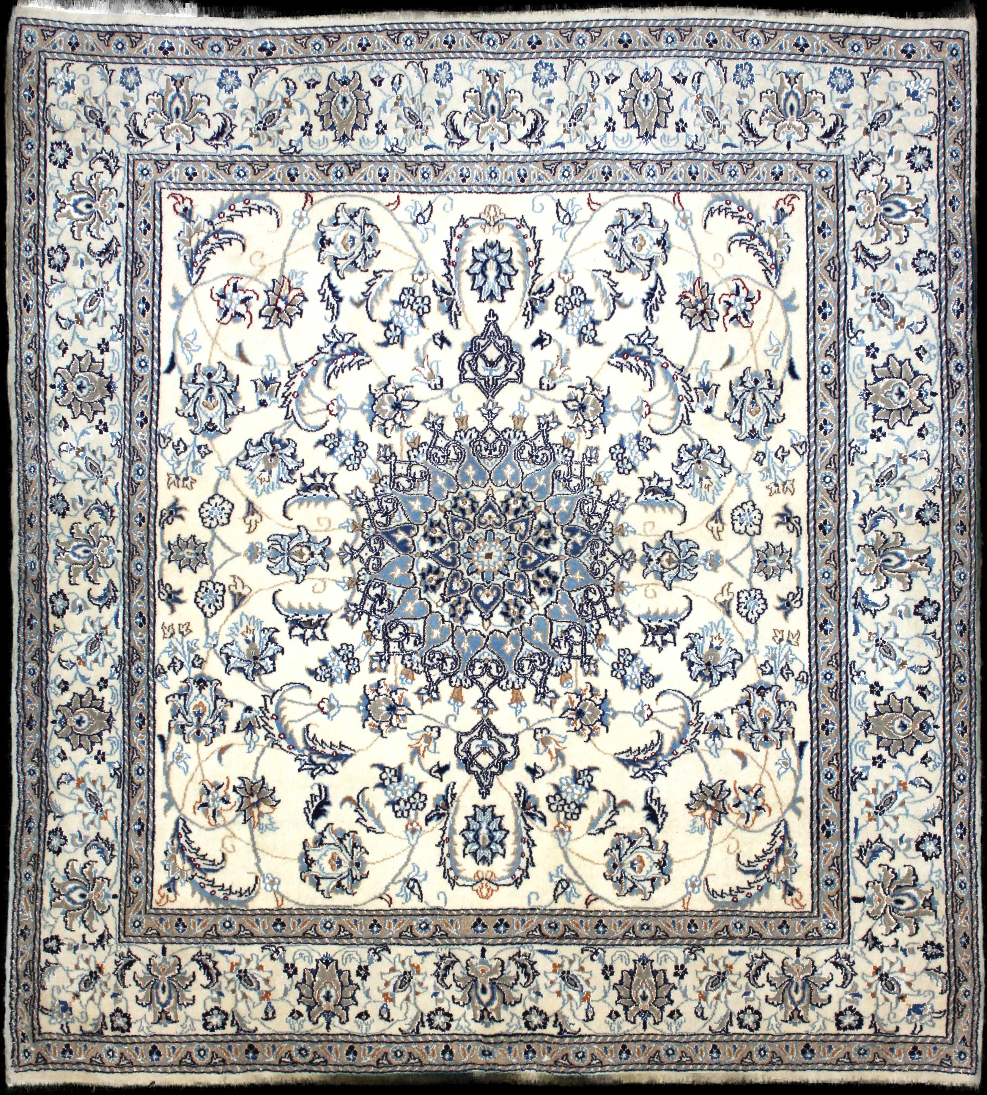 Handmade Persian rug of Nain style in dimensions 212 centimeters length by 194 centimetres width with mainly Beige and Blue colors