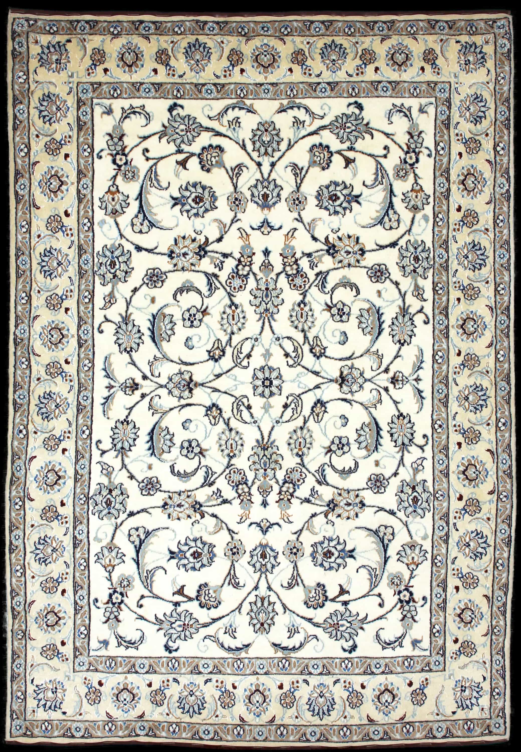 Handmade Persian rug in dimensions 240 centimeters length by 162 centimeters width with mainly Beige and Blue colors