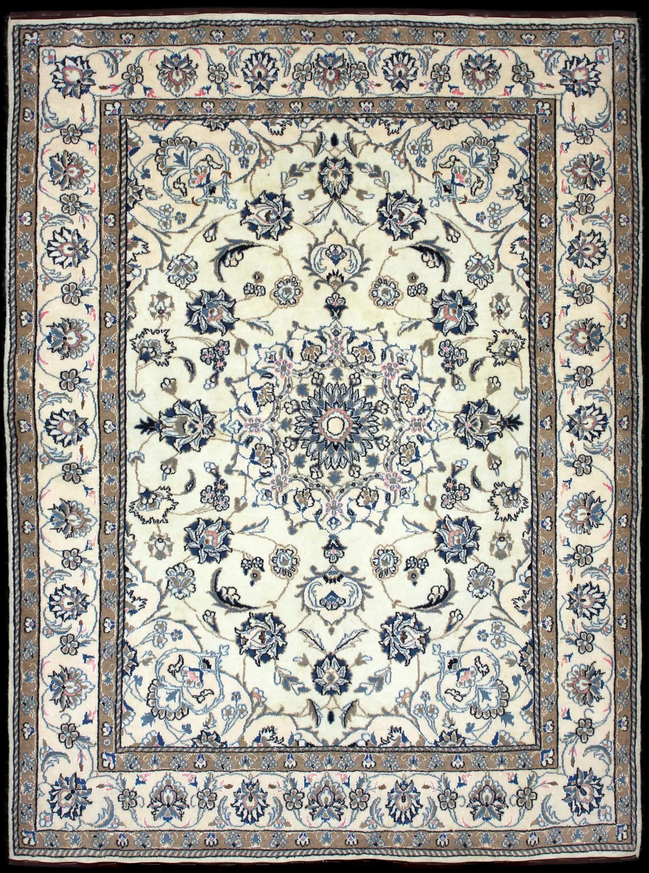 Handmade Persian rug in dimensions 227 centimeters length by 167 centimeters width with mainly Beige and Blue colors