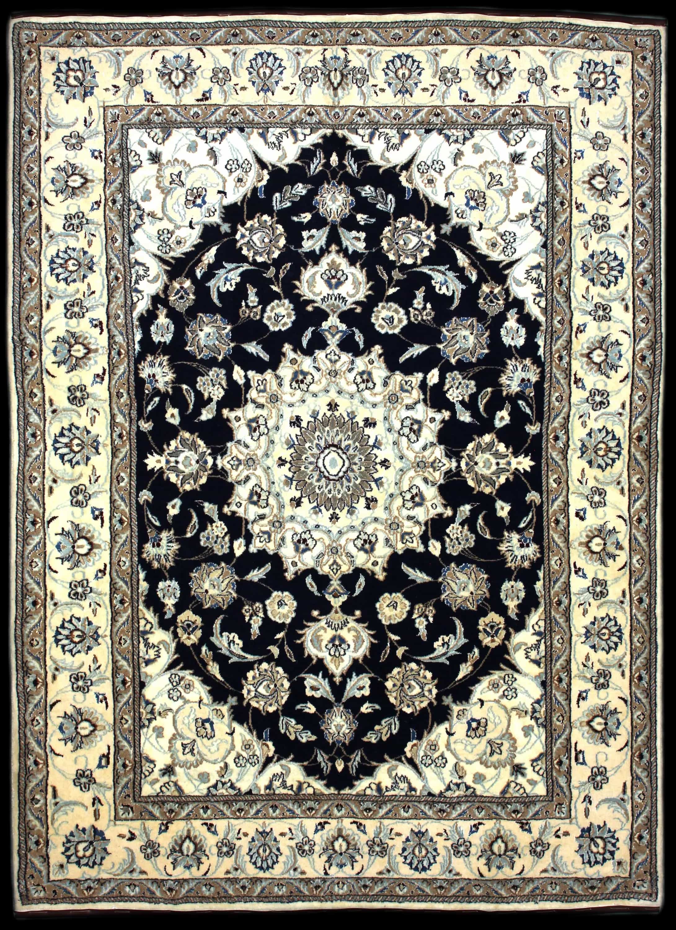 Handmade Perse rug in dimensions 229 centimeters length by 168 centimeters width with mainly Beige et Bleu colors