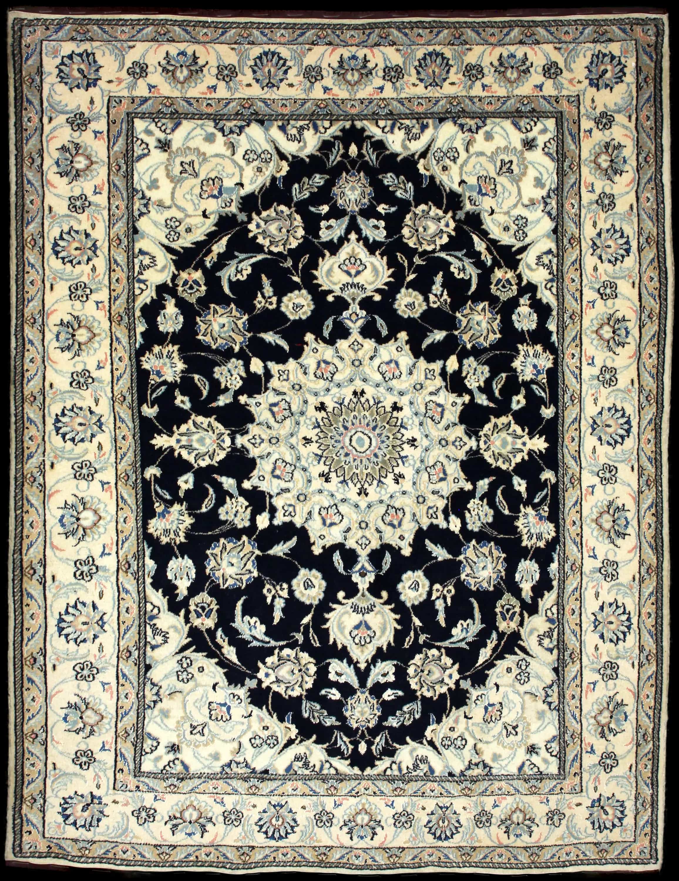 Handmade Perse rug in dimensions 227 centimeters length by 170 centimeters width with mainly Beige et Bleu colors