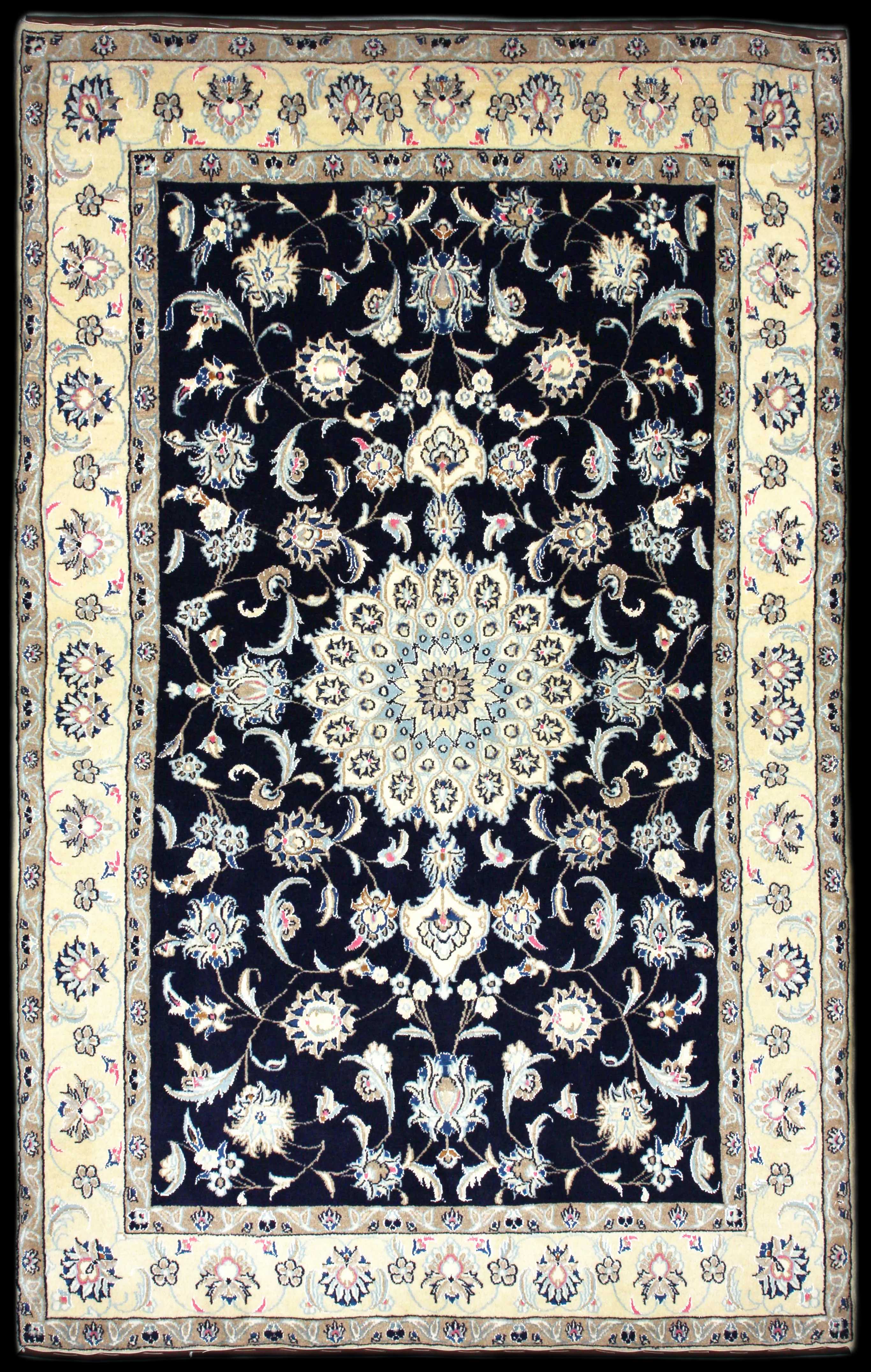 Handmade Persian rug of Nain style in dimensions 252 centimeters length by 160 centimetres width with mainly Beige and Blue colors