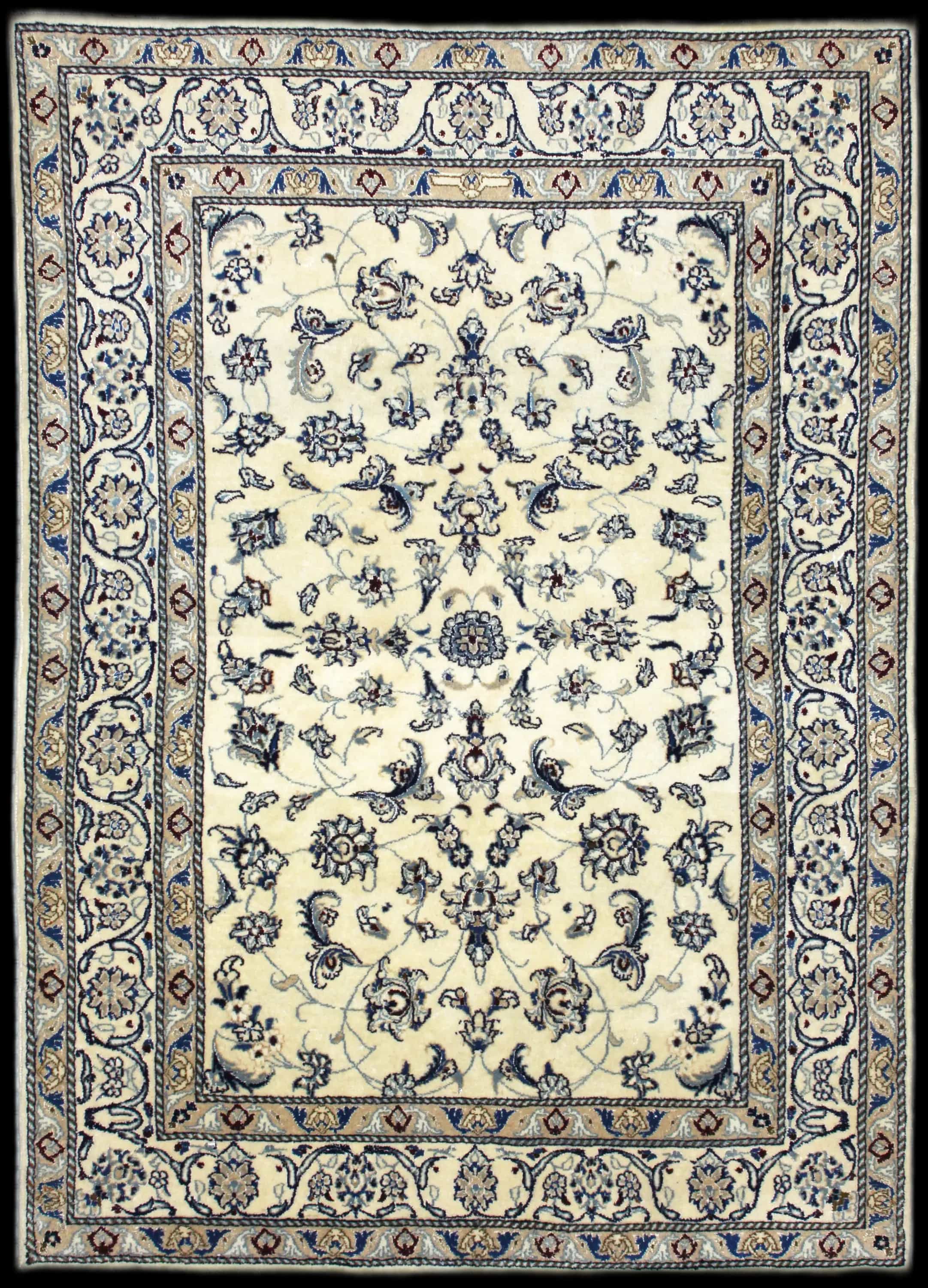 Handmade Perse rug in dimensions 230 centimeters length by 159 centimeters width with mainly Beige et Bleu colors