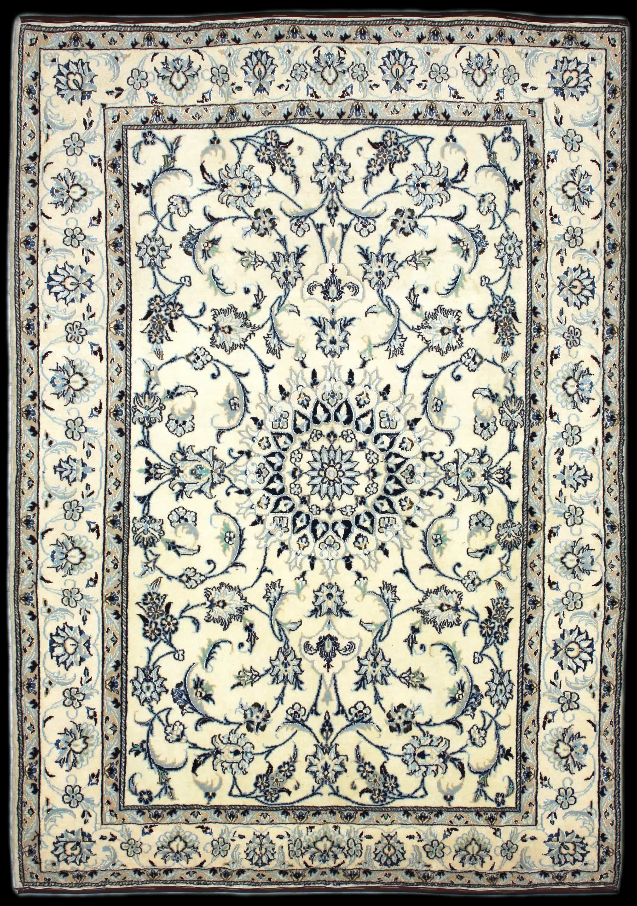 Handmade Persian rug in dimensions 234 centimeters length by 165 centimeters width with mainly Beige and Blue colors