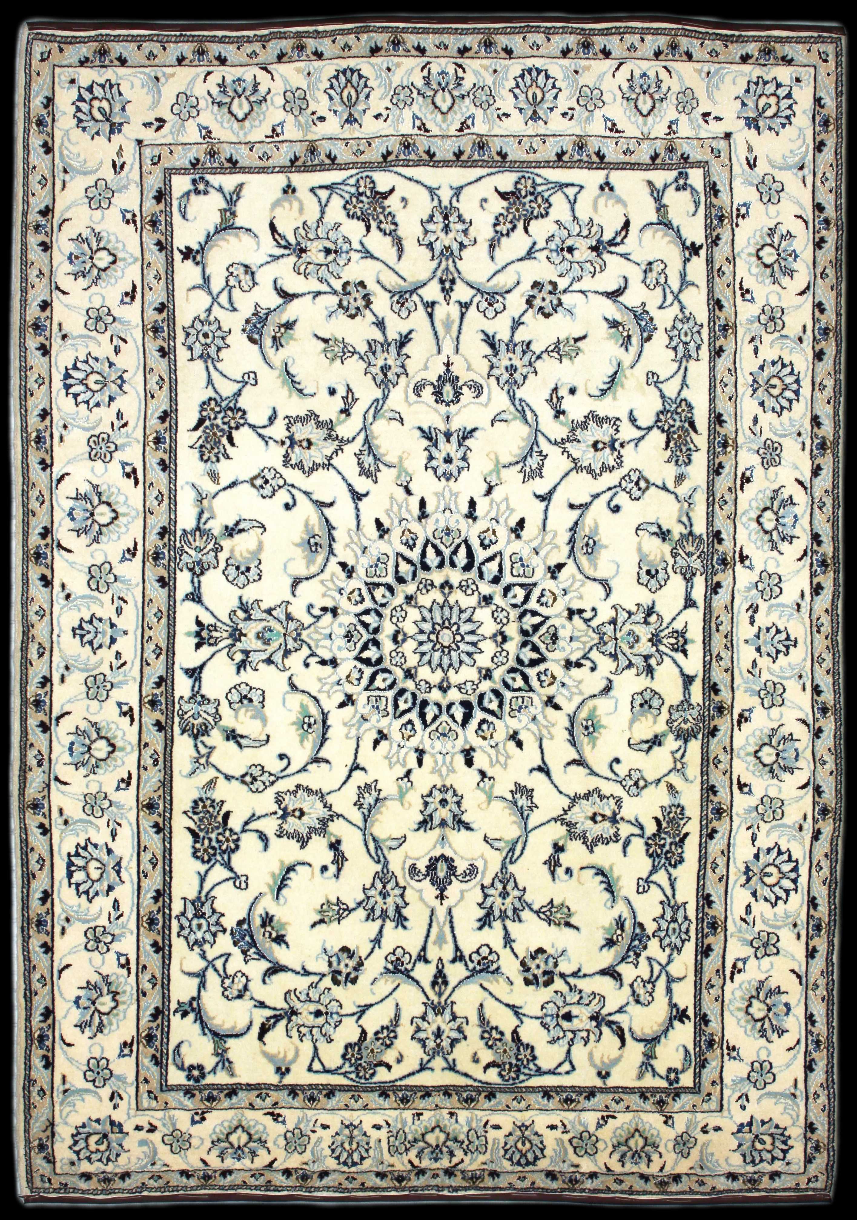 Handmade Persian rug of Nain style in dimensions 234 centimeters length by 165 centimetres width with mainly Beige and Blue colors