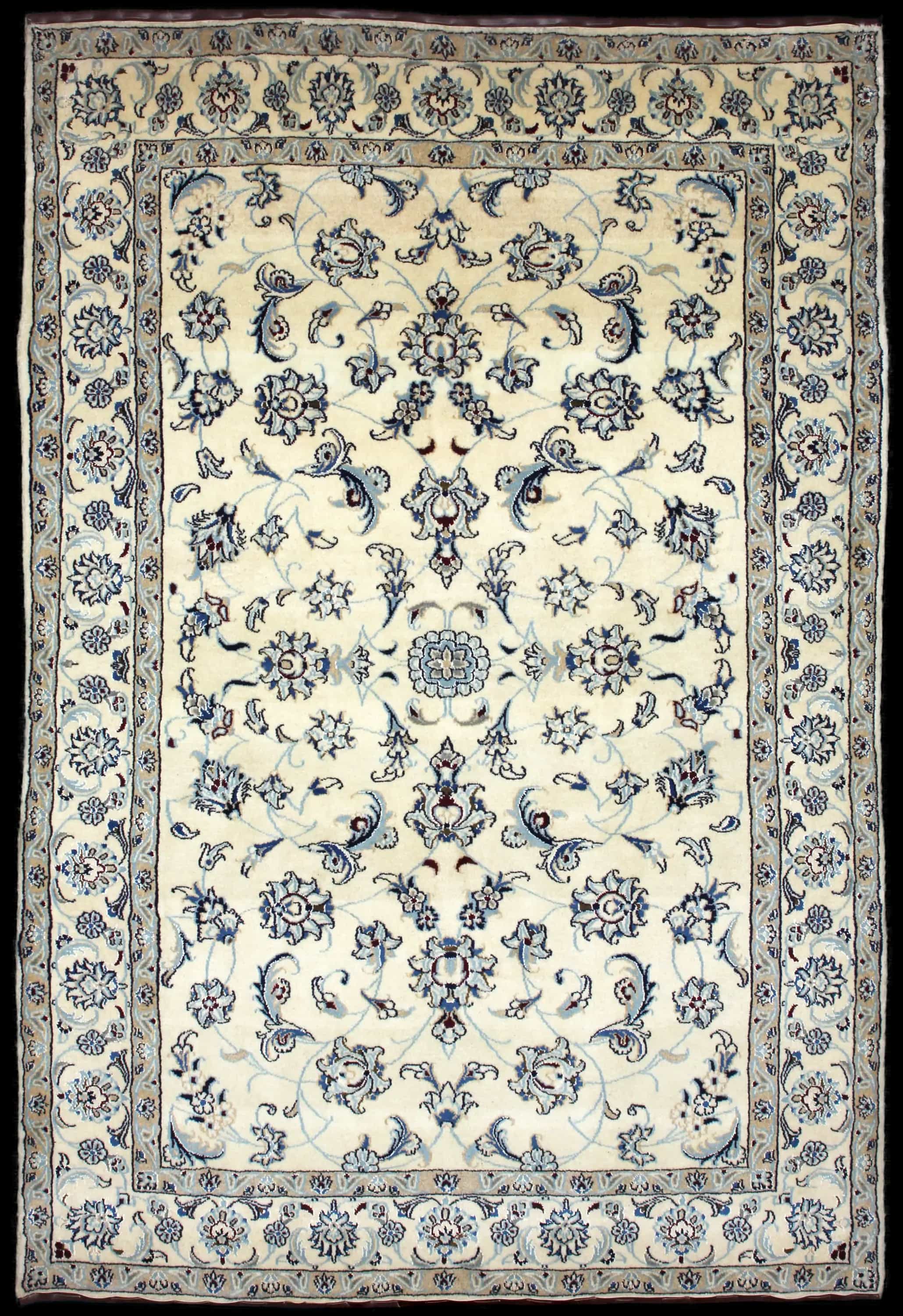 Handmade Perse rug in dimensions 240 centimeters length by 162 centimeters width with mainly Beige et Bleu colors