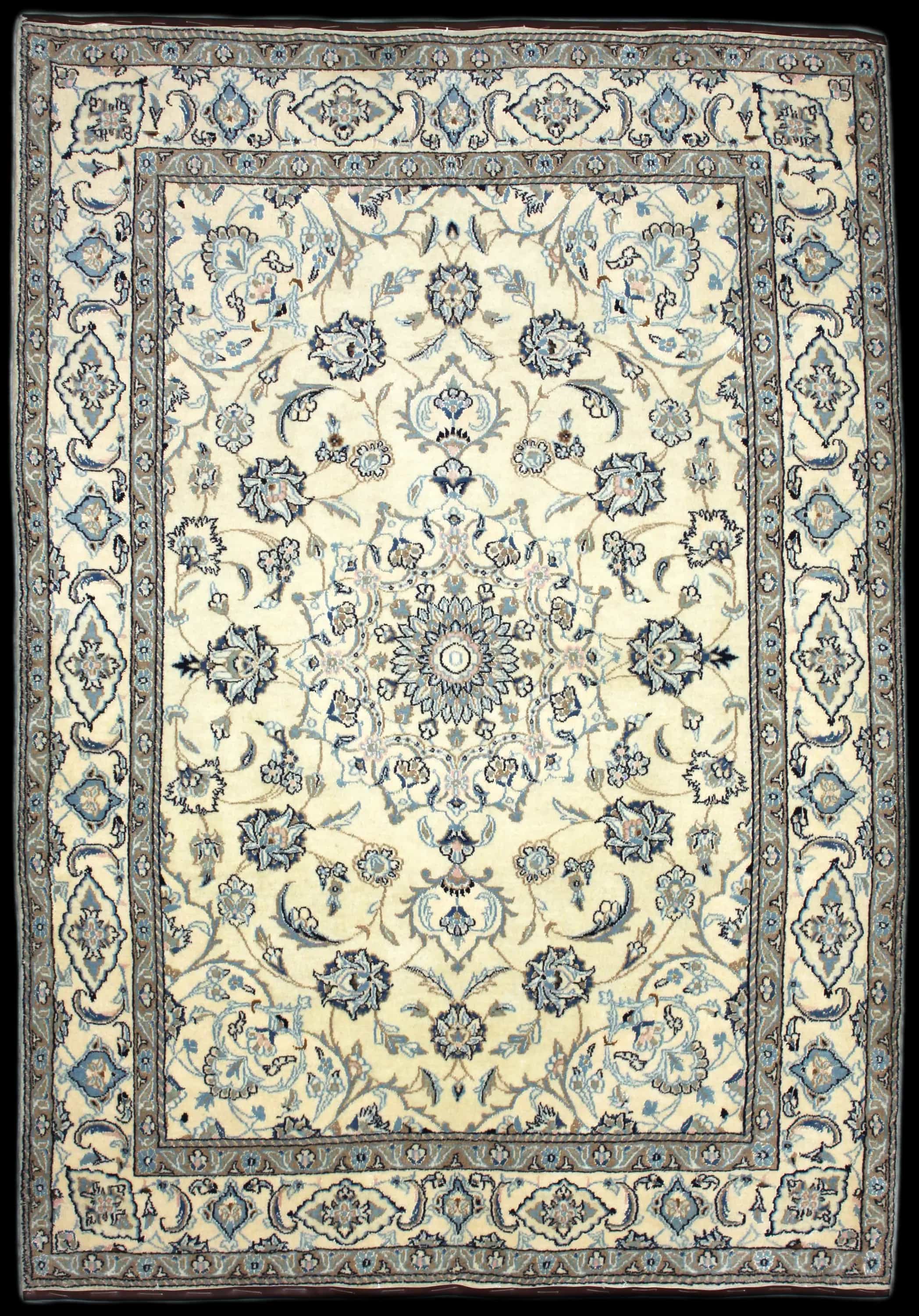 Handmade Persian rug in dimensions 237 centimeters length by 167 centimeters width with mainly Beige and Blue colors