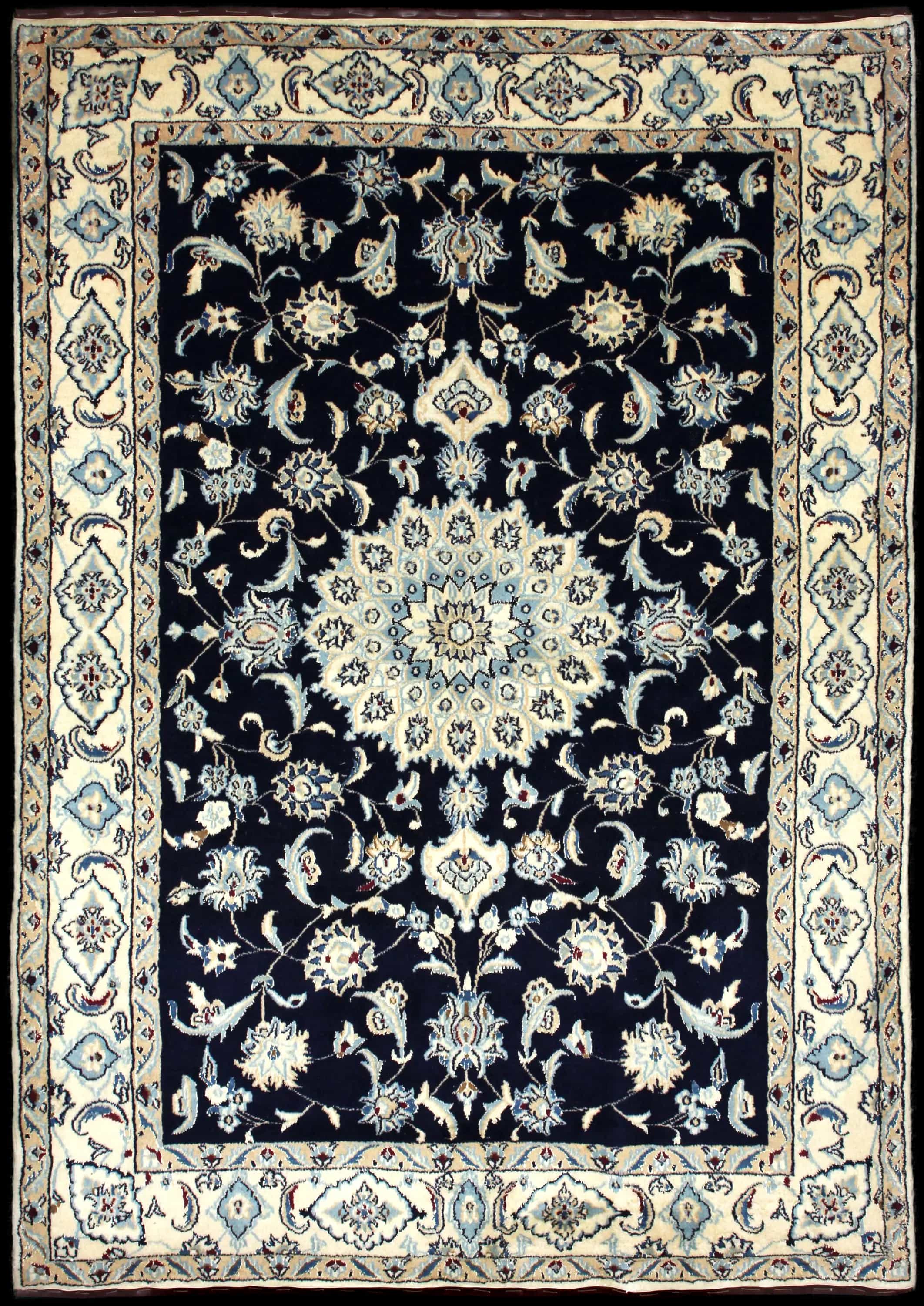 Handmade Perse rug in dimensions 234 centimeters length by 165 centimeters width with mainly Beige et Bleu colors