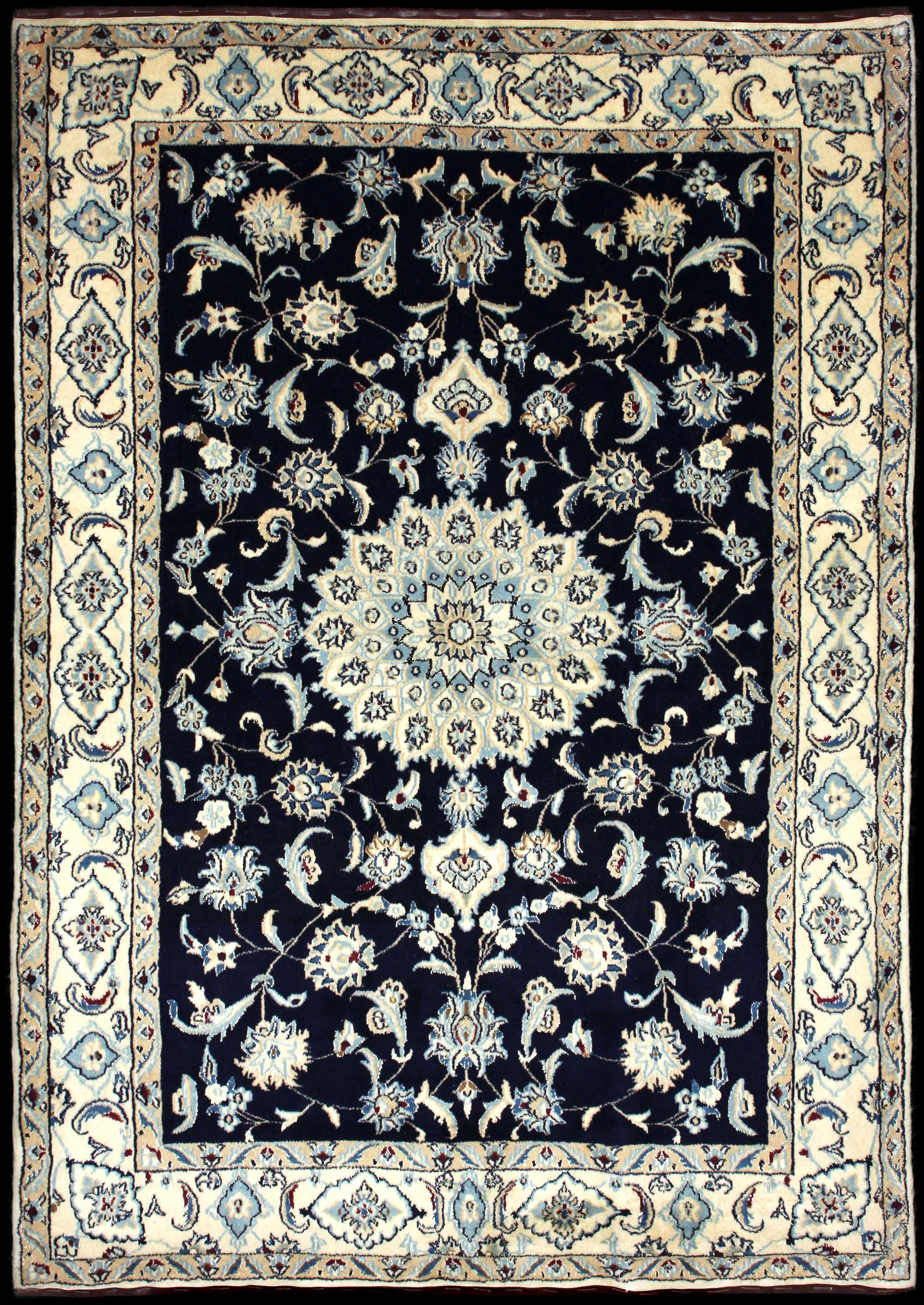 Handmade Persian rug of Nain style in dimensions 234 centimeters length by 165 centimetres width with mainly Beige and Blue colors