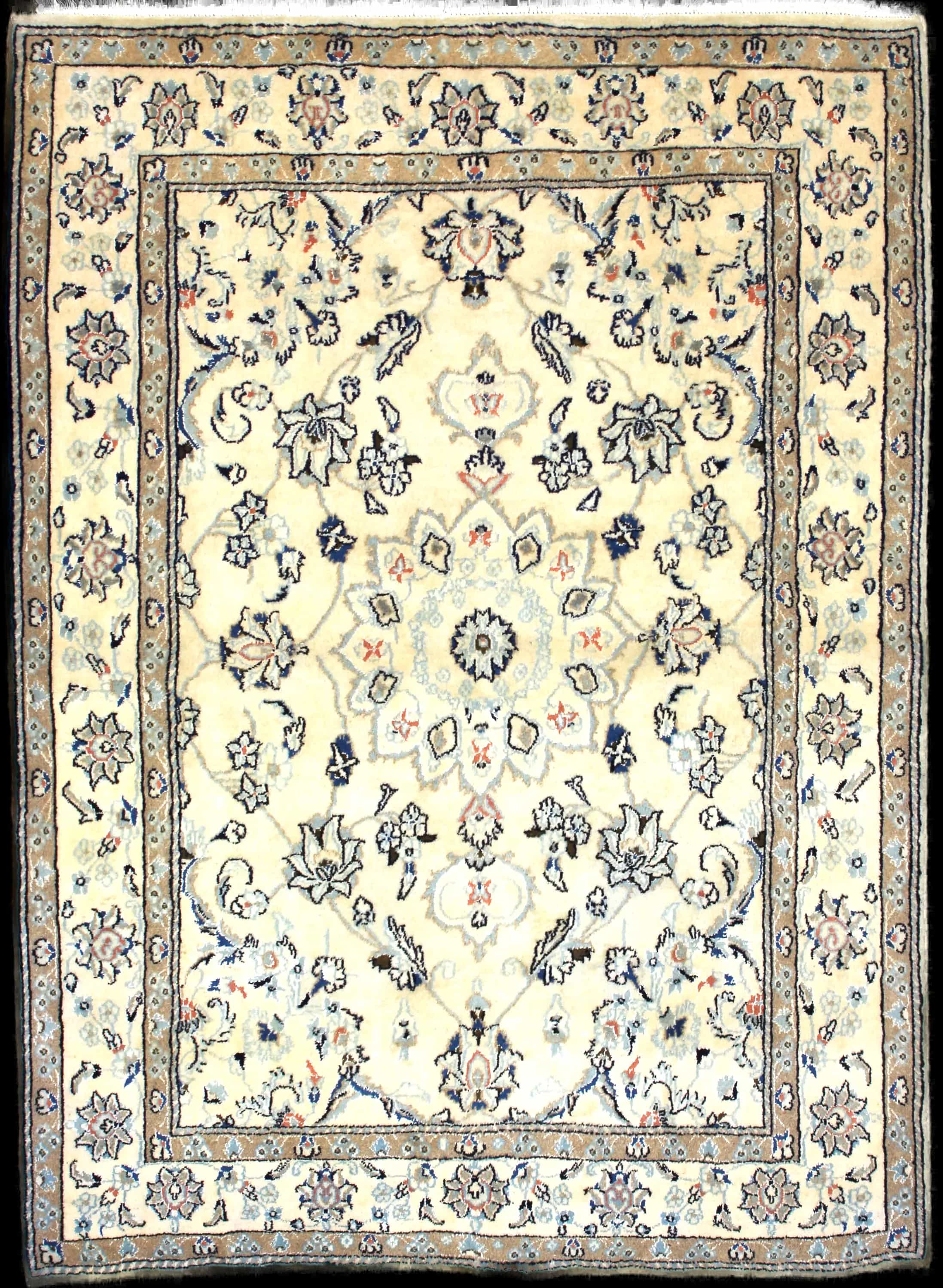 Handmade Persian rug in dimensions 206 centimeters length by 145 centimeters width with mainly Beige and Blue colors