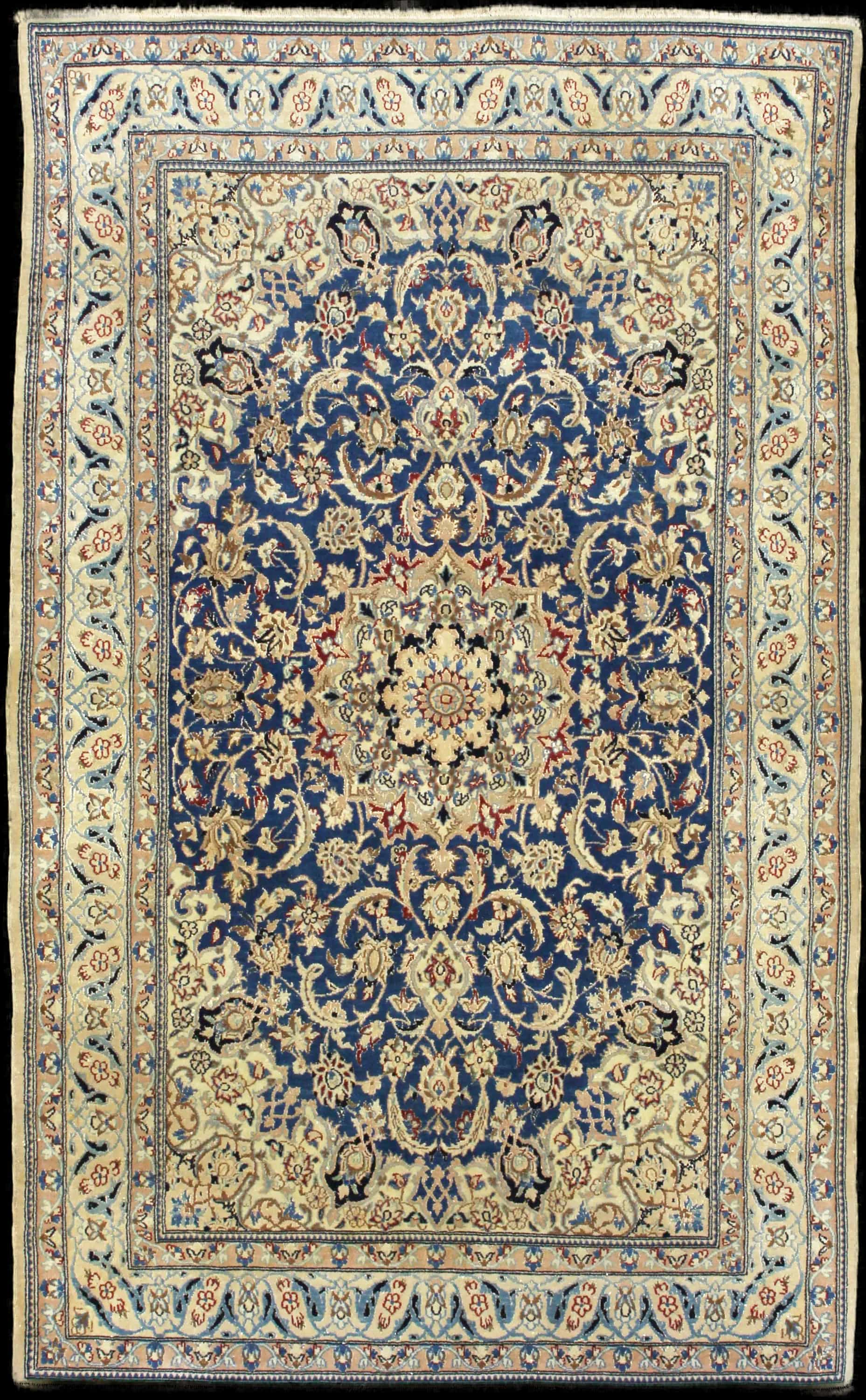 Handmade Persian rug in dimensions 203 centimeters length by 122 centimeters width with mainly Beige and Blue colors