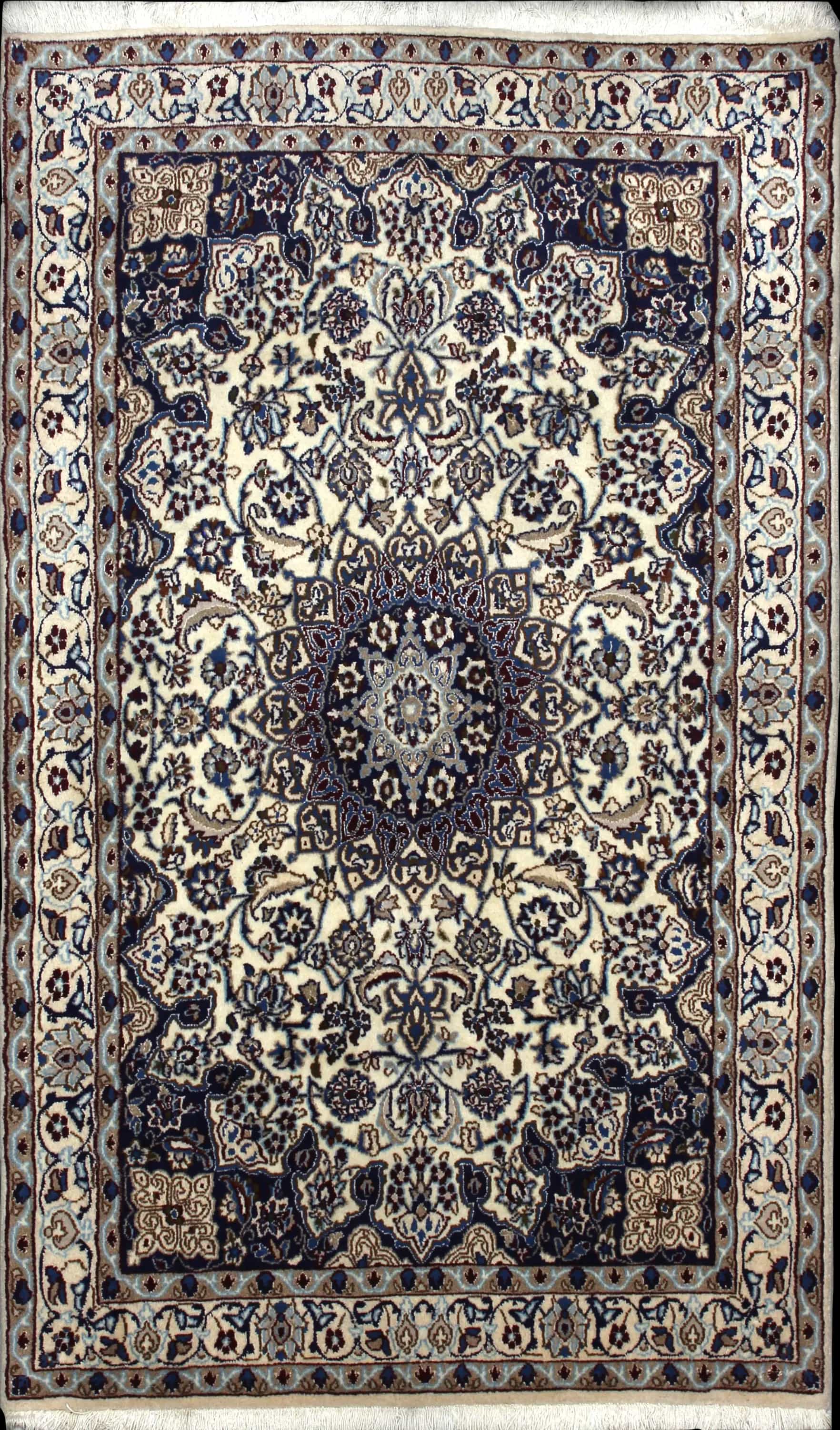 Handmade Perse rug in dimensions 202 centimeters length by 122 centimeters width with mainly Bleu et Beige colors