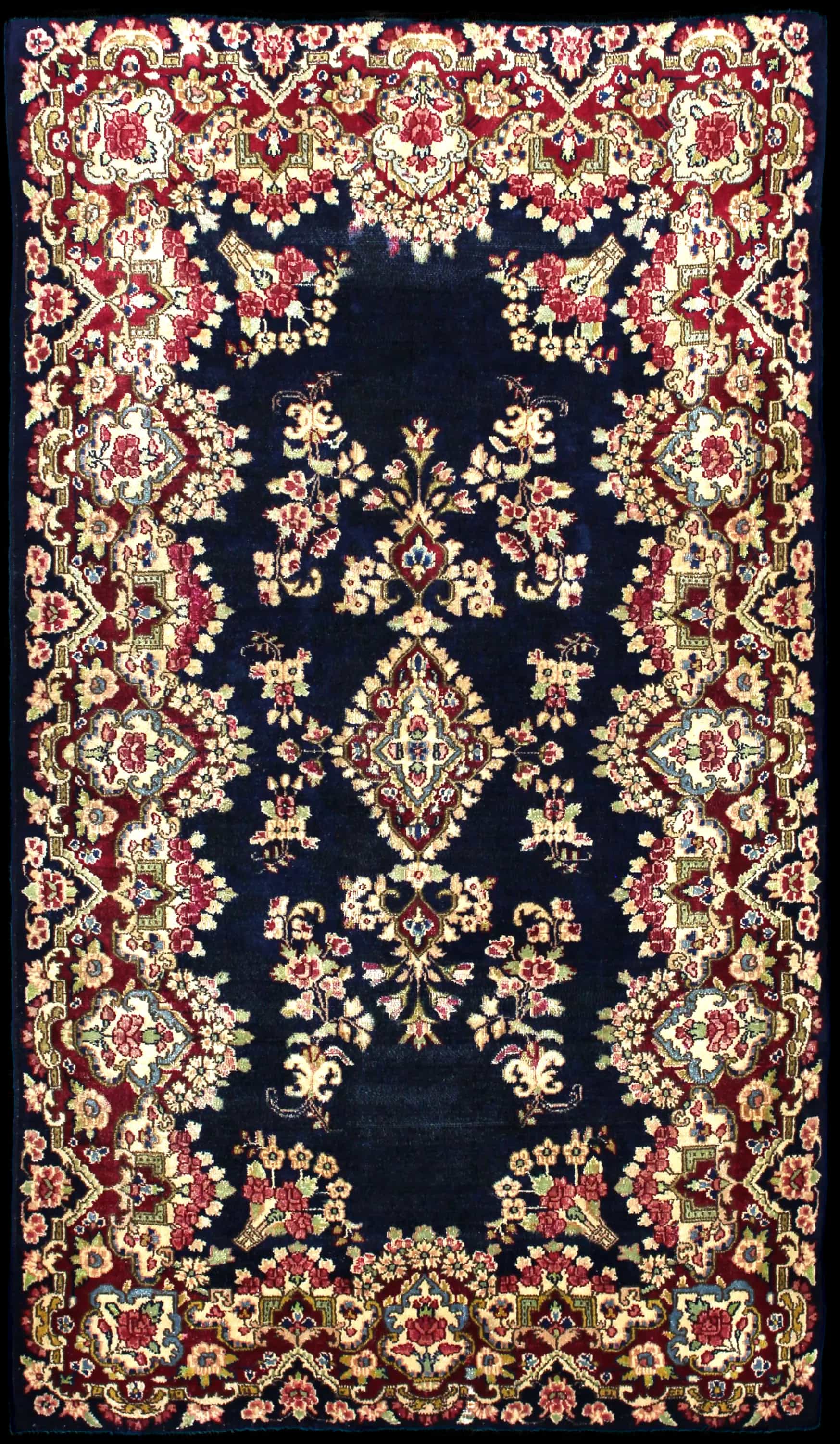 Handmade Perse rug in dimensions 217 centimeters length by 123 centimeters width with mainly Rouge et Bleu colors