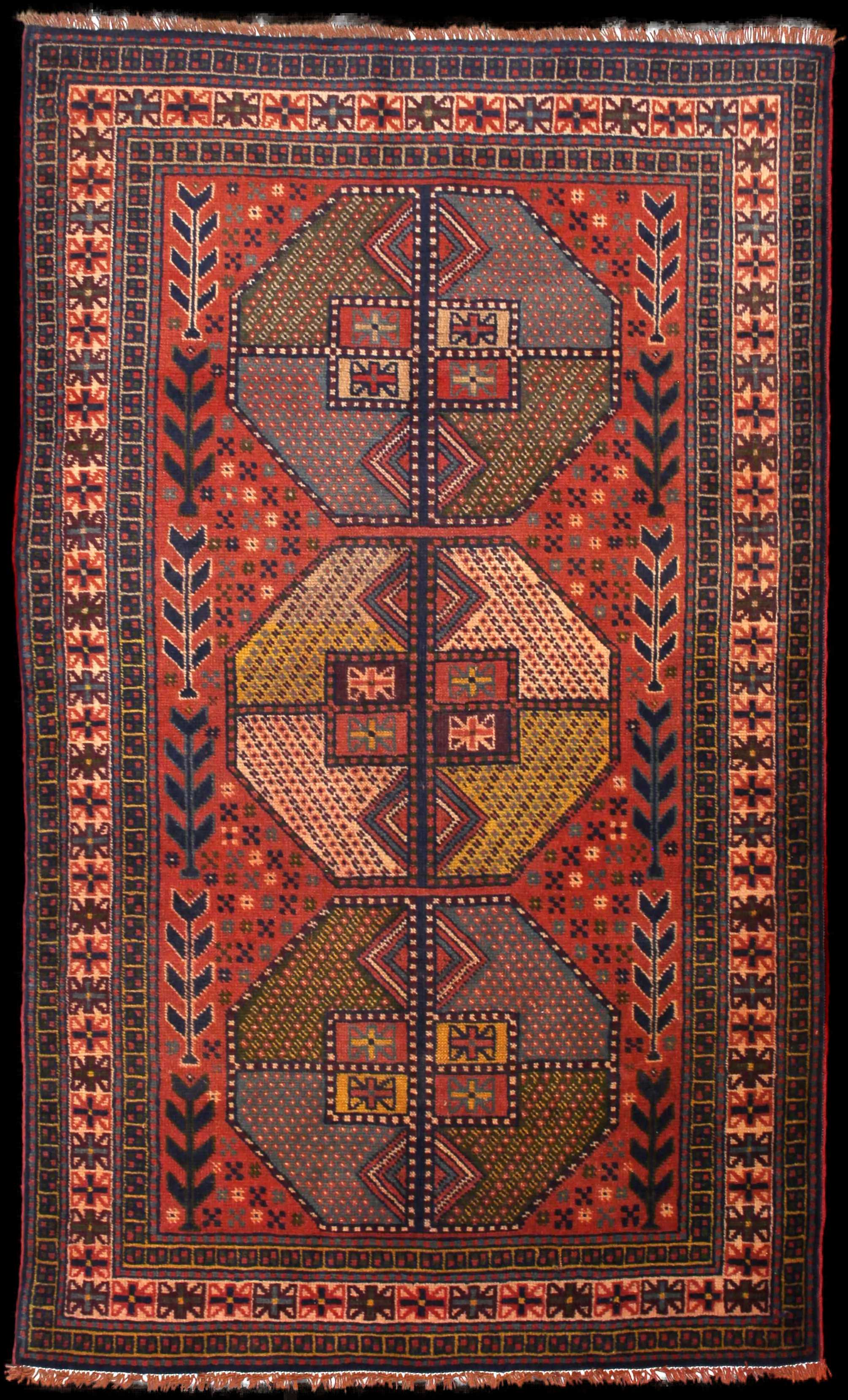 Handmade Persian rug of Baluch style in dimensions 188 centimeters length by 112 centimetres width with mainly Red colors