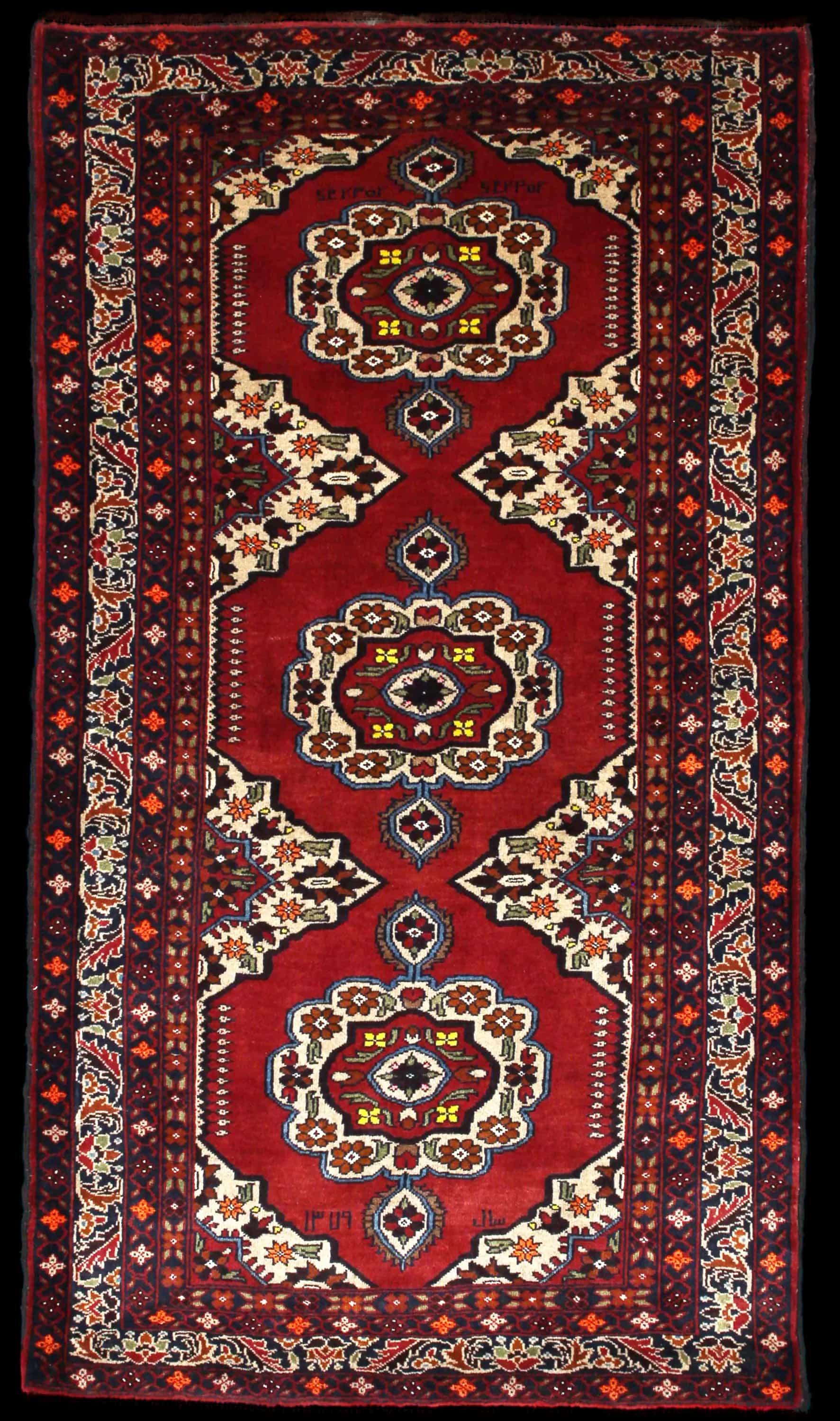 Handmade Perse rug in dimensions 198 centimeters length by 111 centimeters width with mainly Rouge et Orange colors